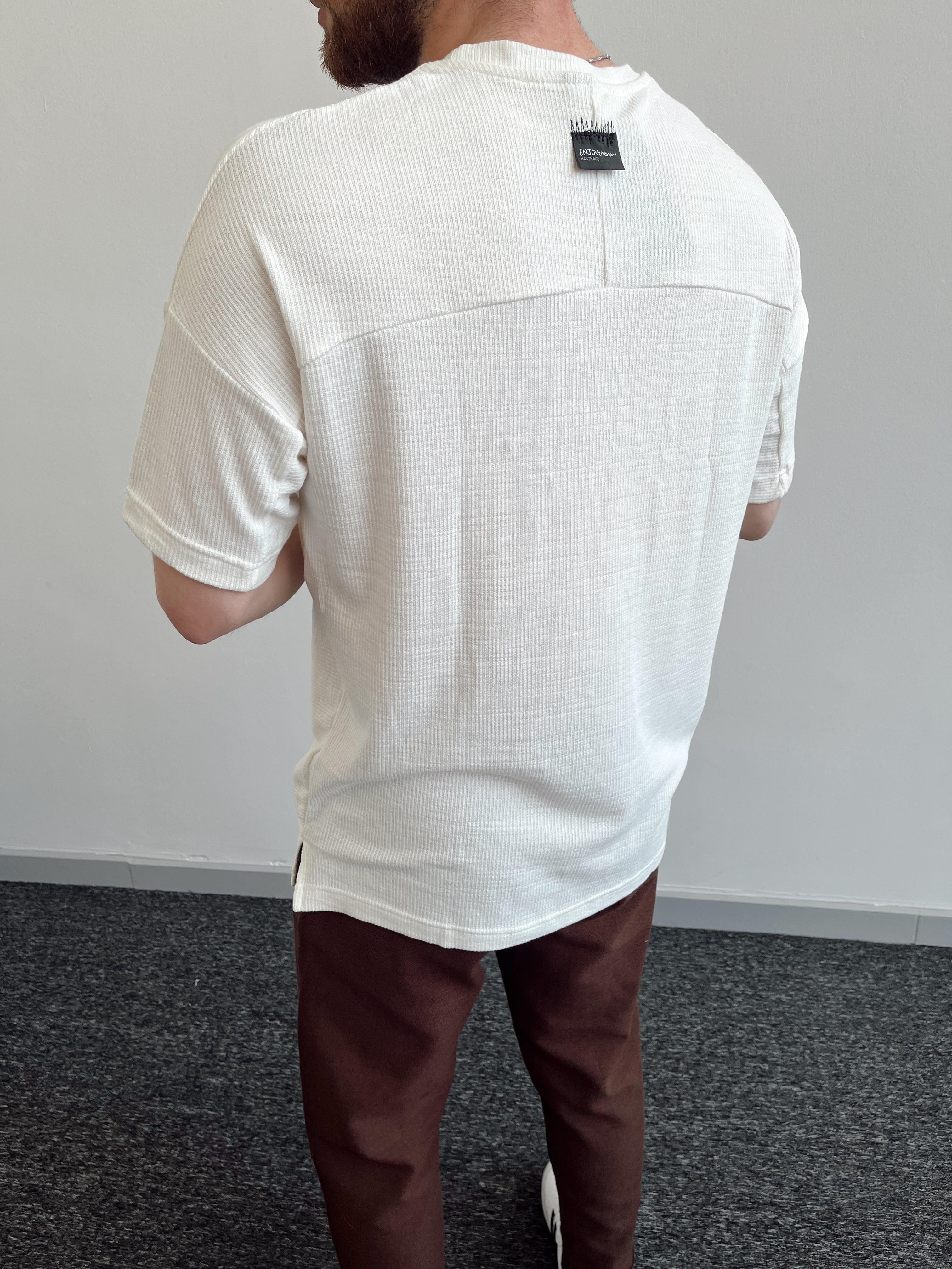 Erkek Marrakech Asimetrik Oversize Yan Yırmaç Detay Triko T-Shirt-Ekru(E1037)Ketench