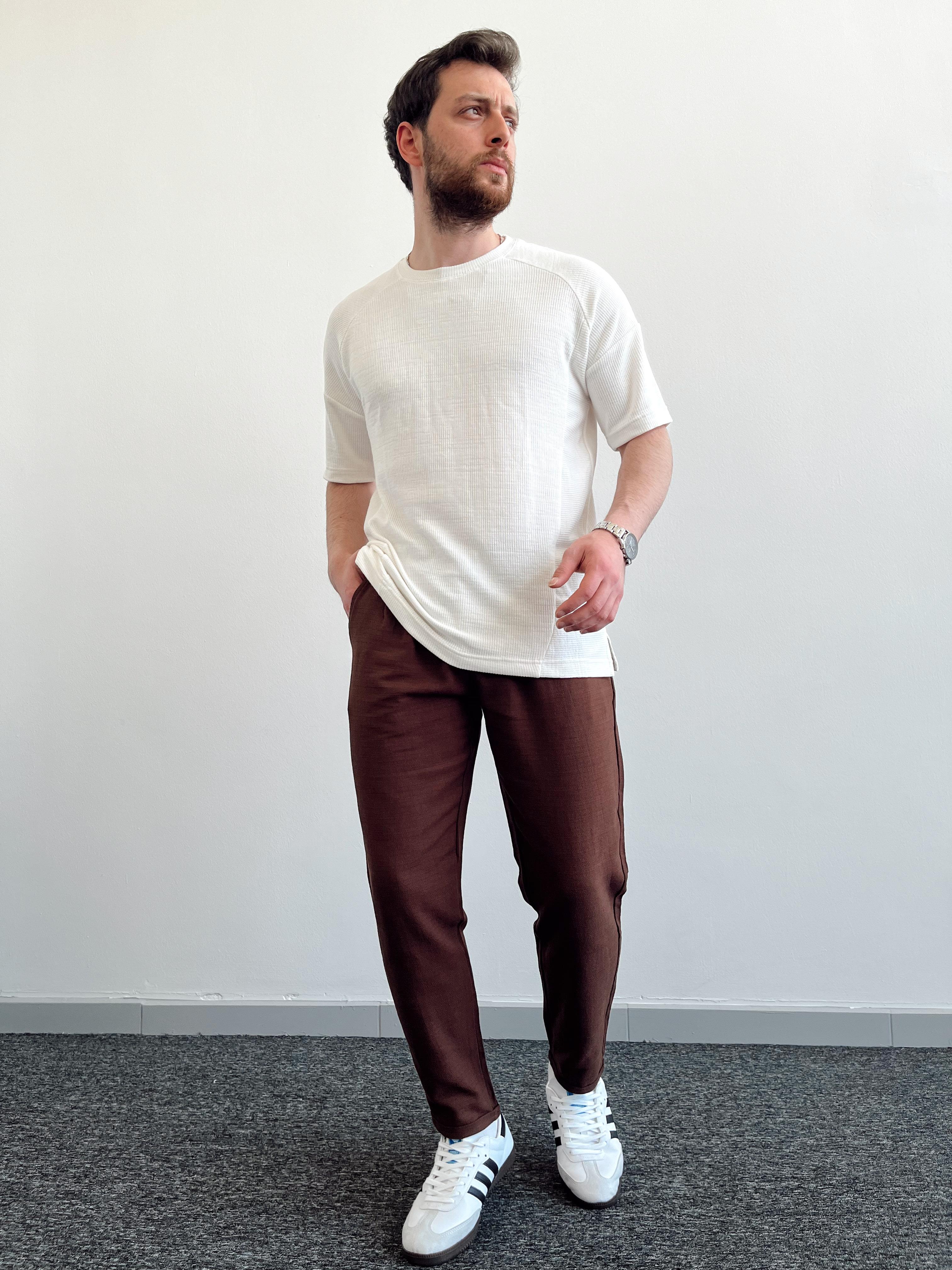 Erkek Marrakech Asimetrik Oversize Yan Yırmaç Detay Triko T-Shirt-Ekru(E1037)Ketench