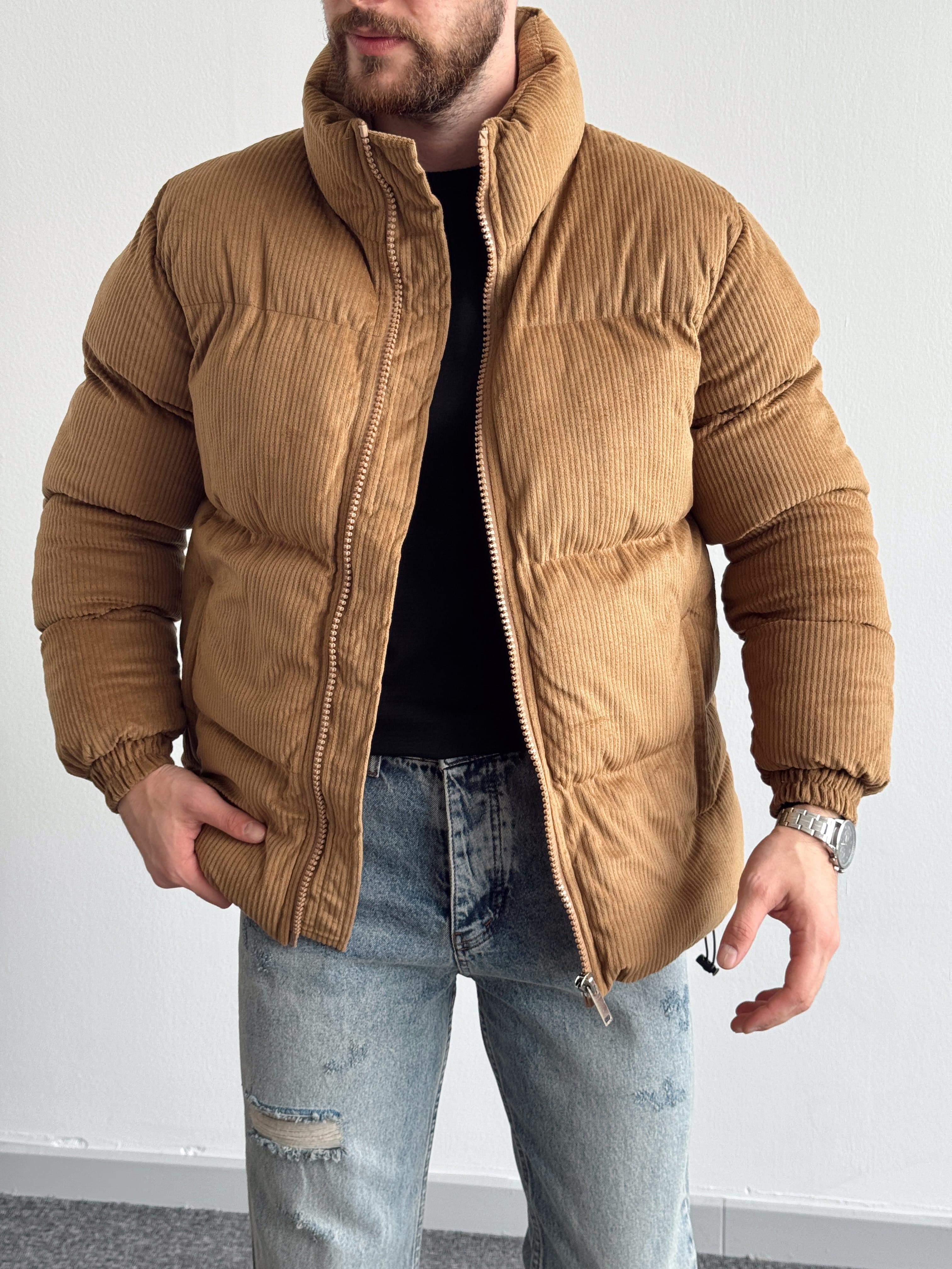 Erkek Marrakech Kalın Fitilli Oversize Kadife Şişme Mont-Taba(E1168)Ketench