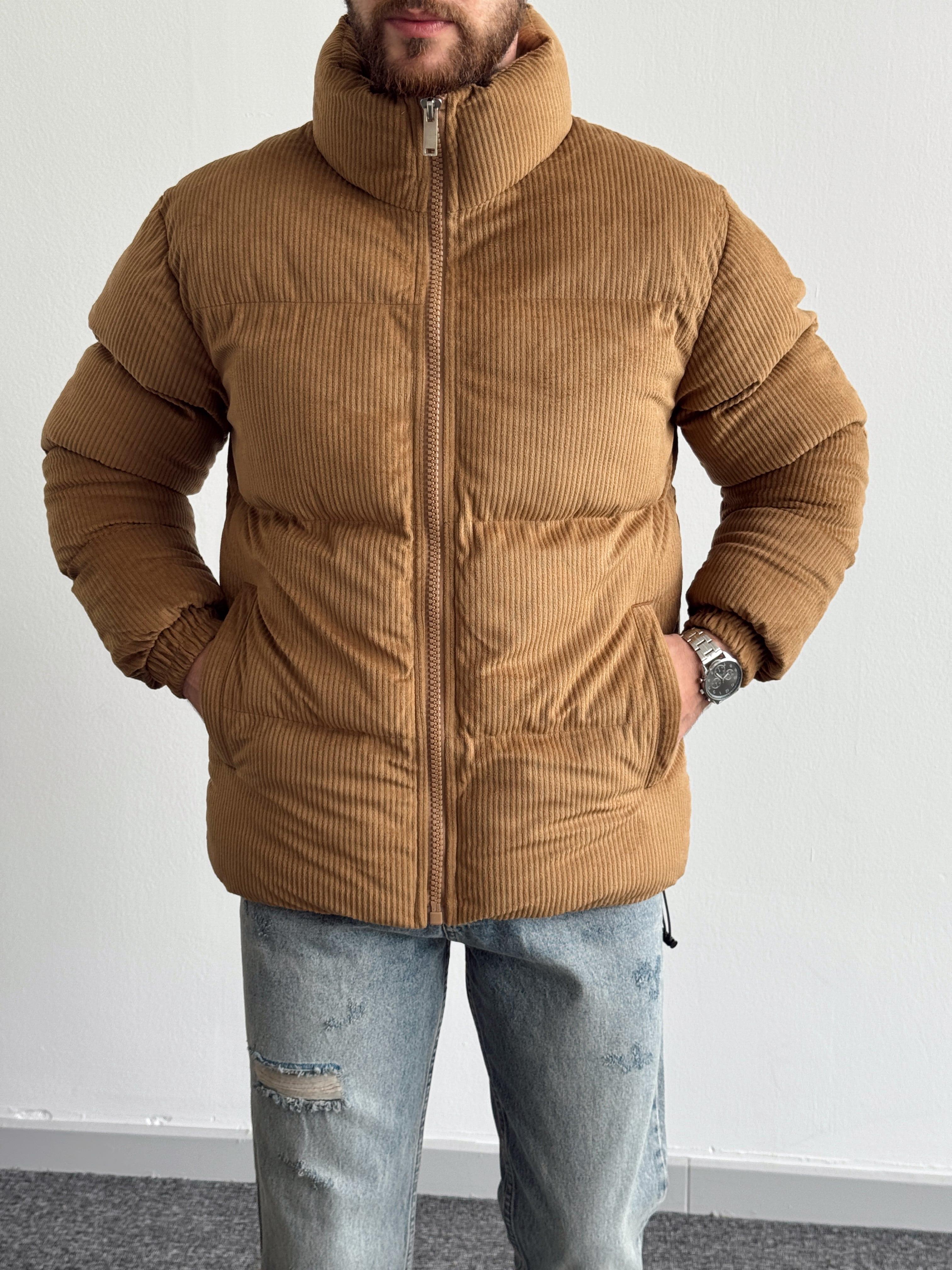 Erkek Marrakech Kalın Fitilli Oversize Kadife Şişme Mont-Taba(E1168)Ketench