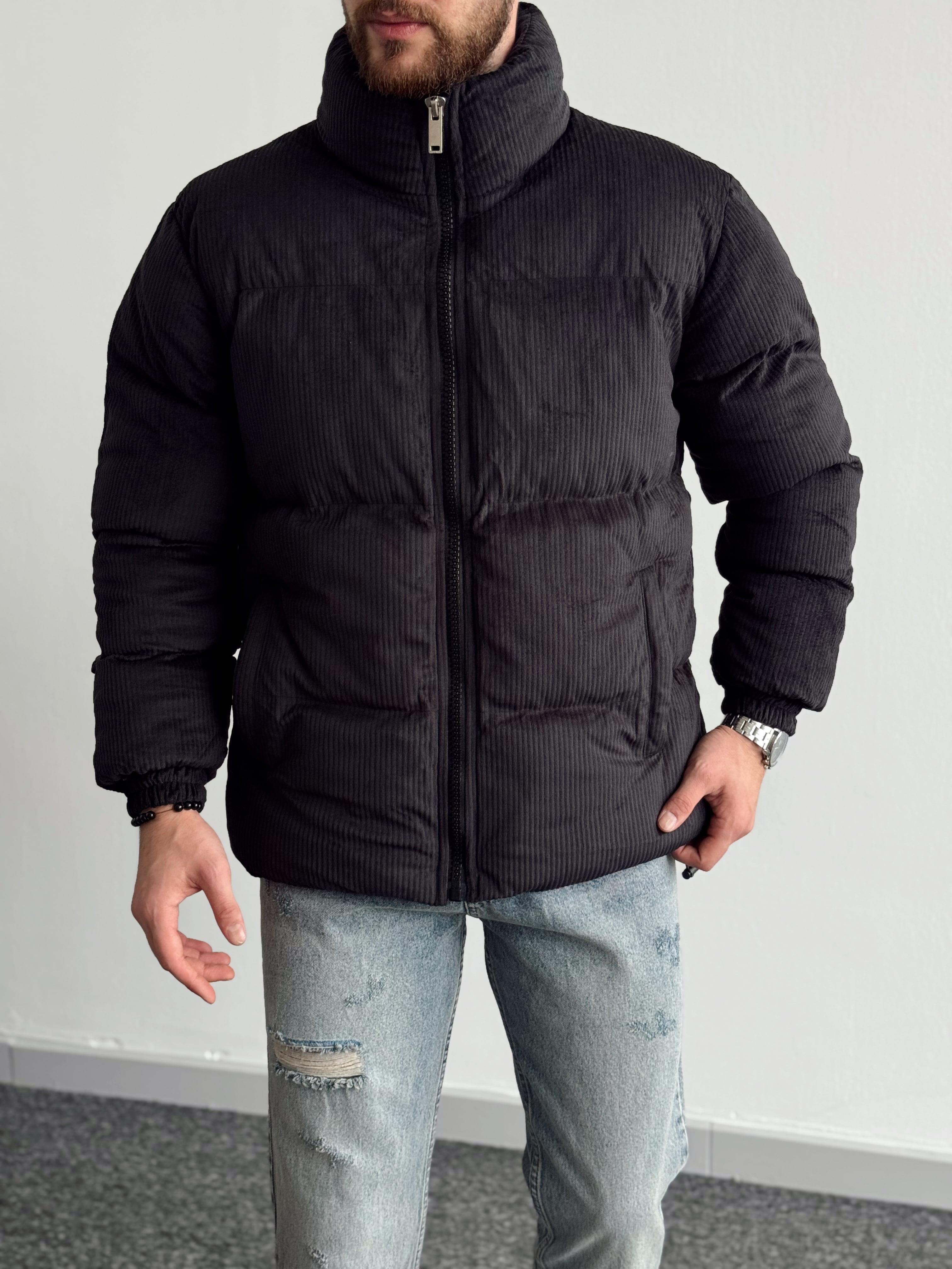 Erkek Marrakech Kalın Fitilli Oversize Kadife Şişme Mont-Siyah(E1168)Ketench