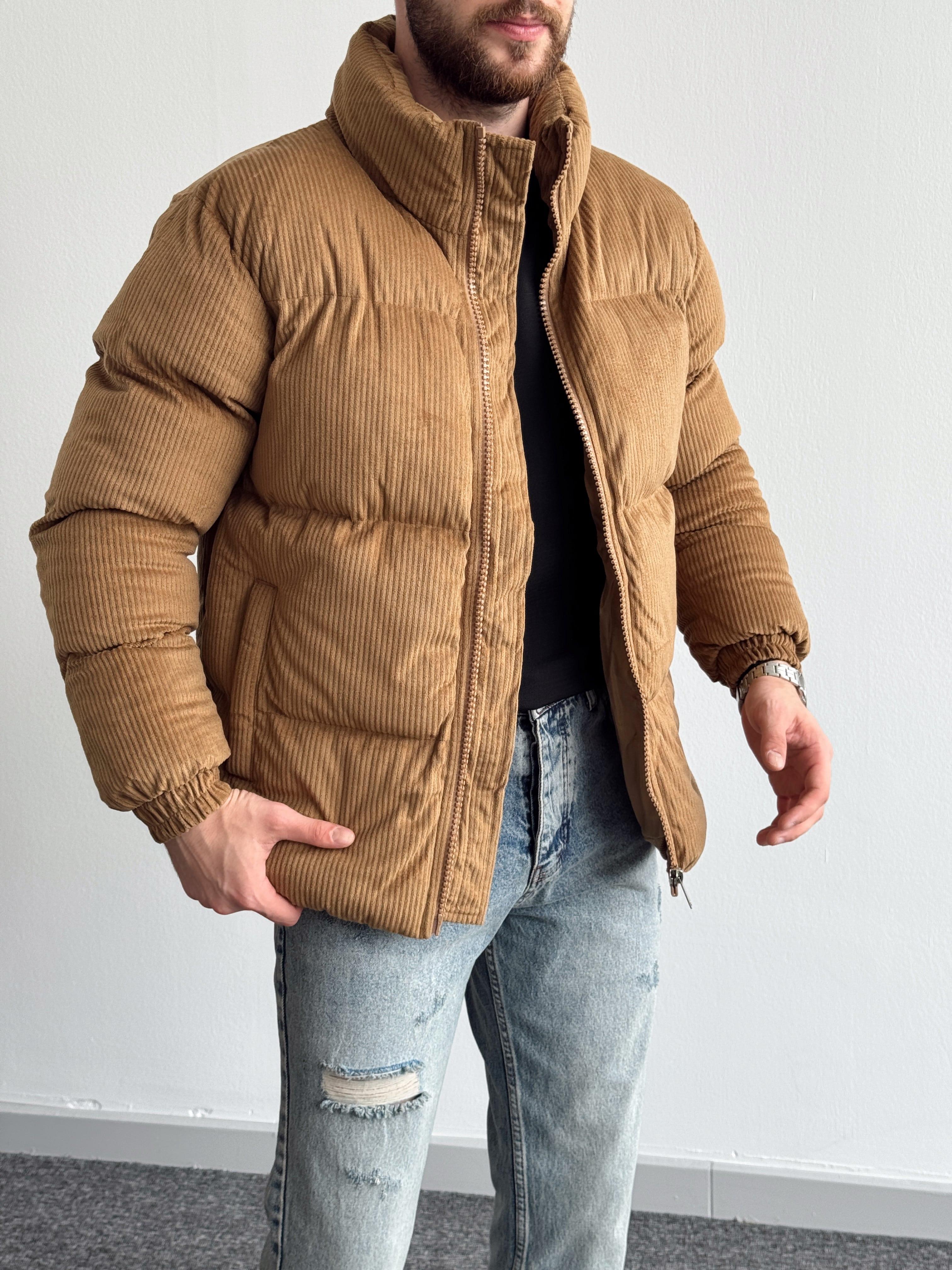 Erkek Marrakech Kalın Fitilli Oversize Kadife Şişme Mont-Taba(E1168)Ketench