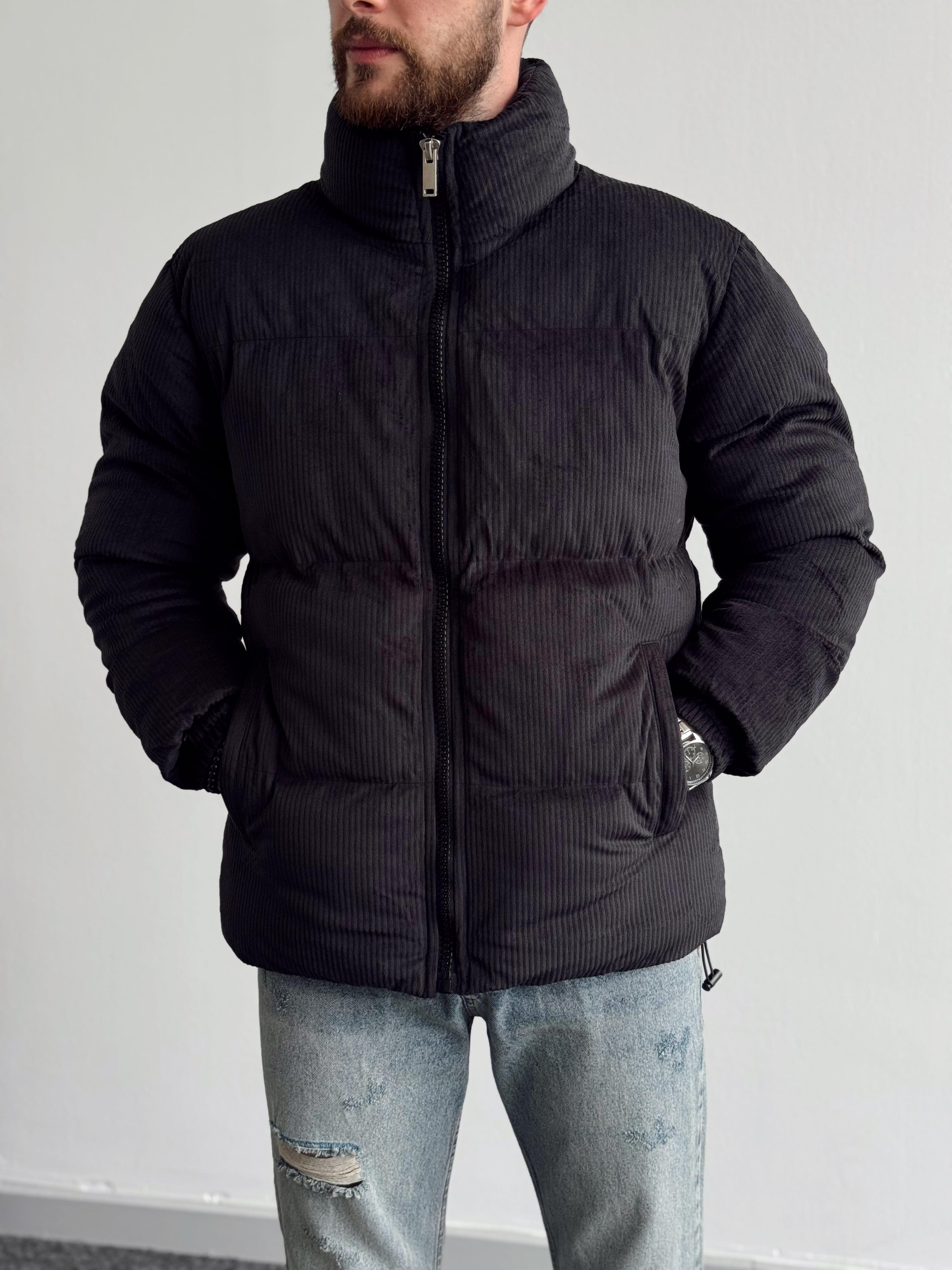 Erkek Marrakech Kalın Fitilli Oversize Kadife Şişme Mont-Siyah(E1168)Ketench