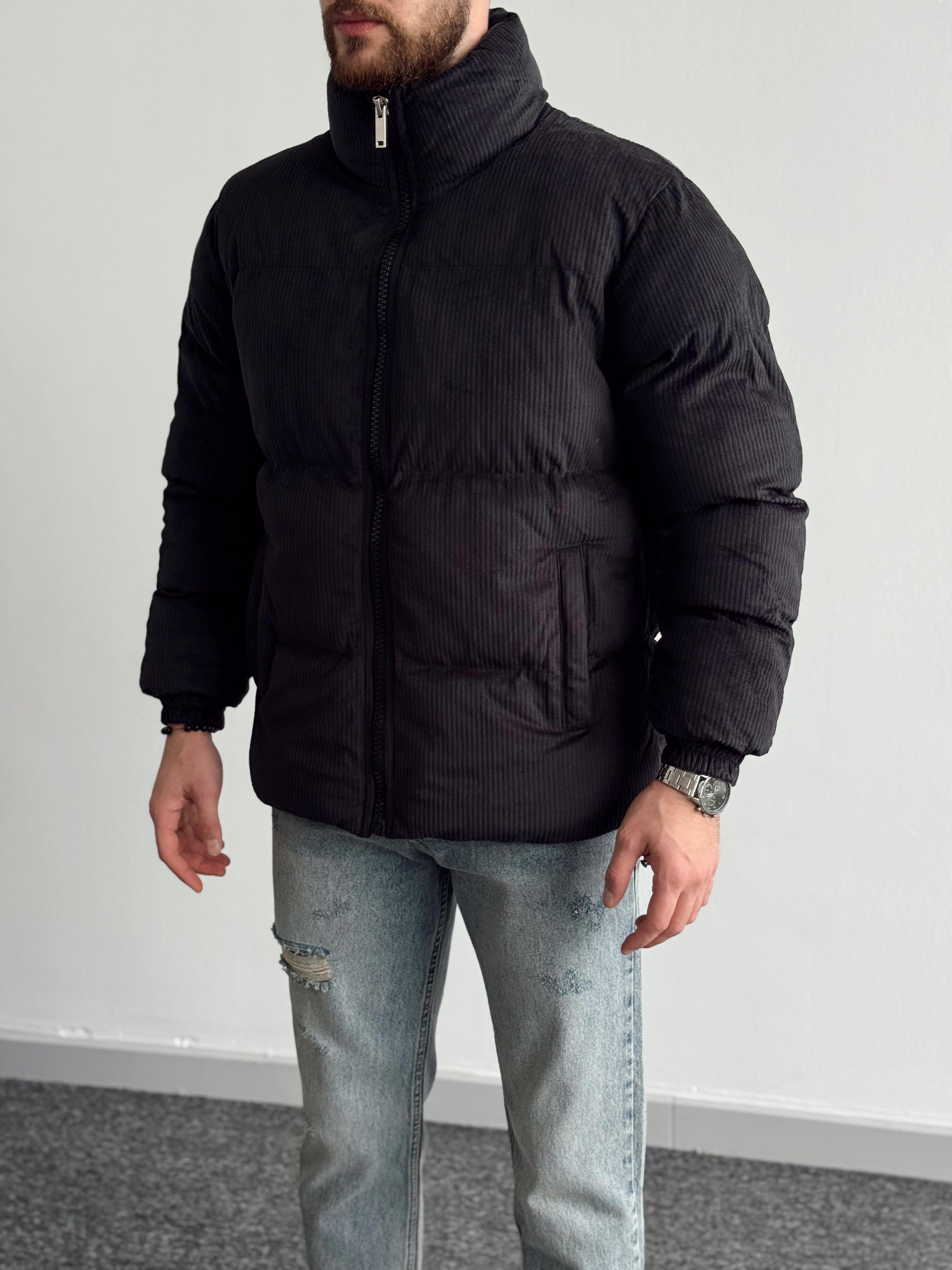 Erkek Marrakech Kalın Fitilli Oversize Kadife Şişme Mont-Siyah(E1168)Ketench