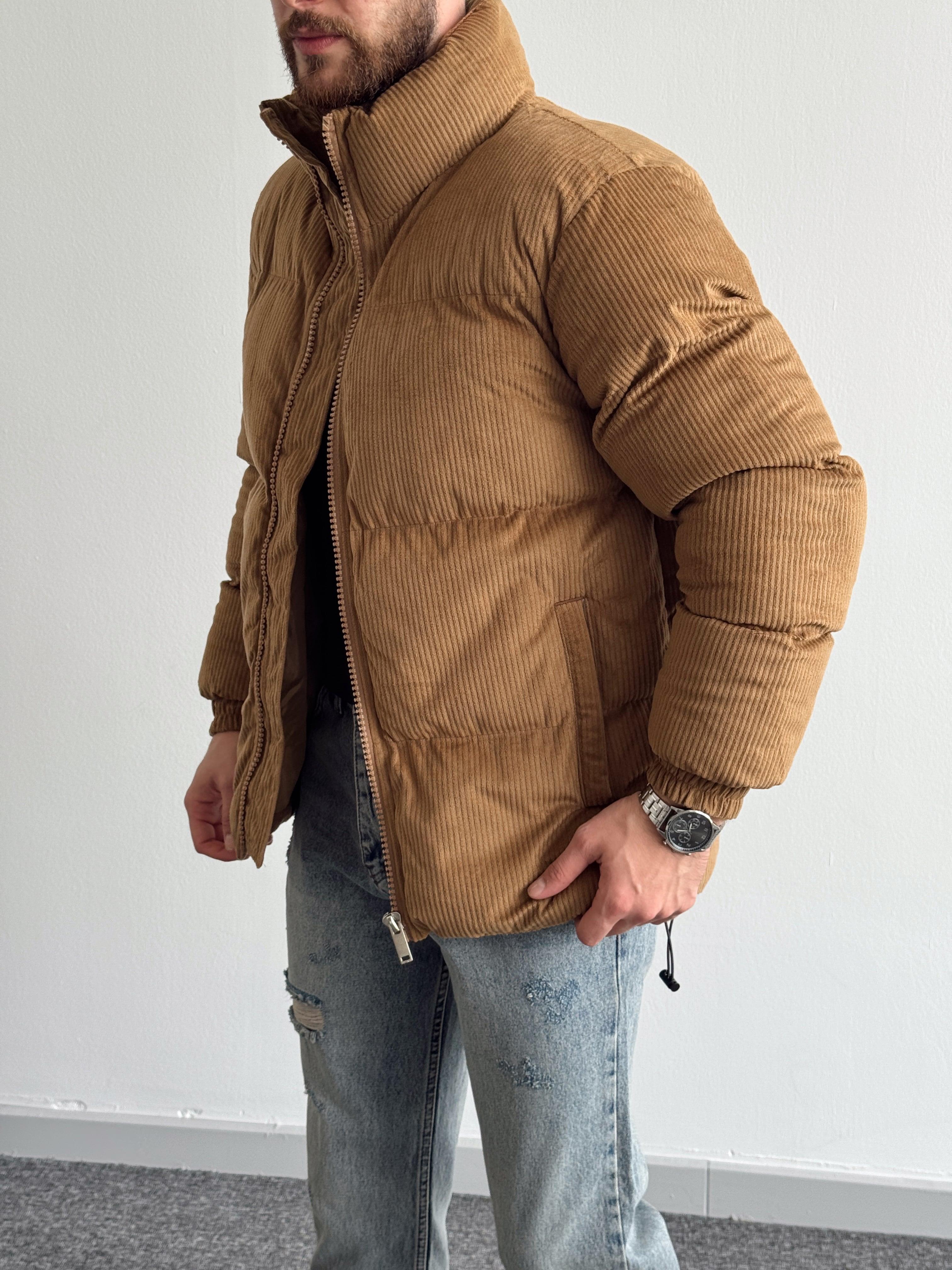 Erkek Marrakech Kalın Fitilli Oversize Kadife Şişme Mont-Taba(E1168)Ketench
