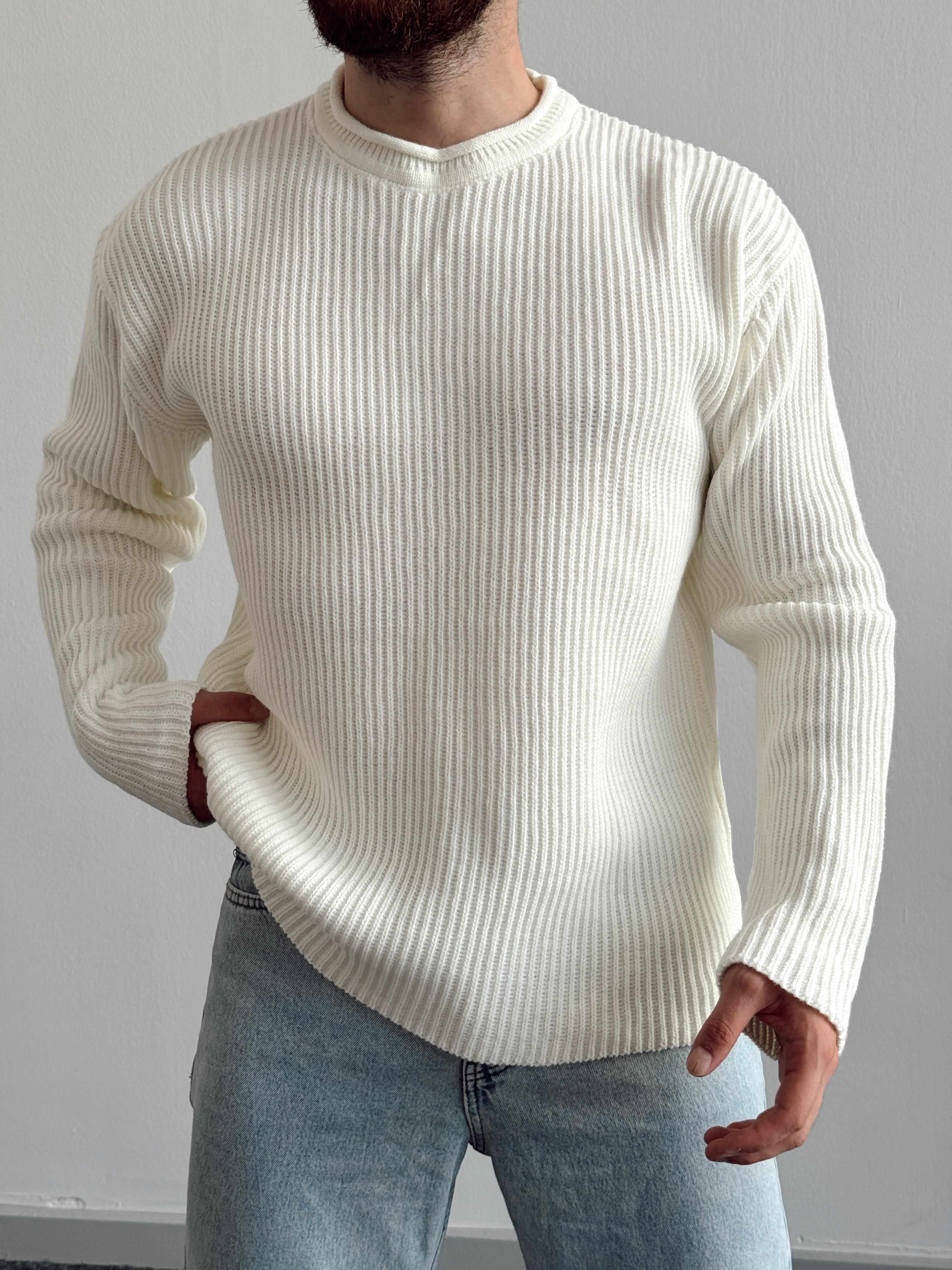 Erkek Marrakech Oversize Örme Desenli Triko Kazak-Ekru(E1125)Ketench