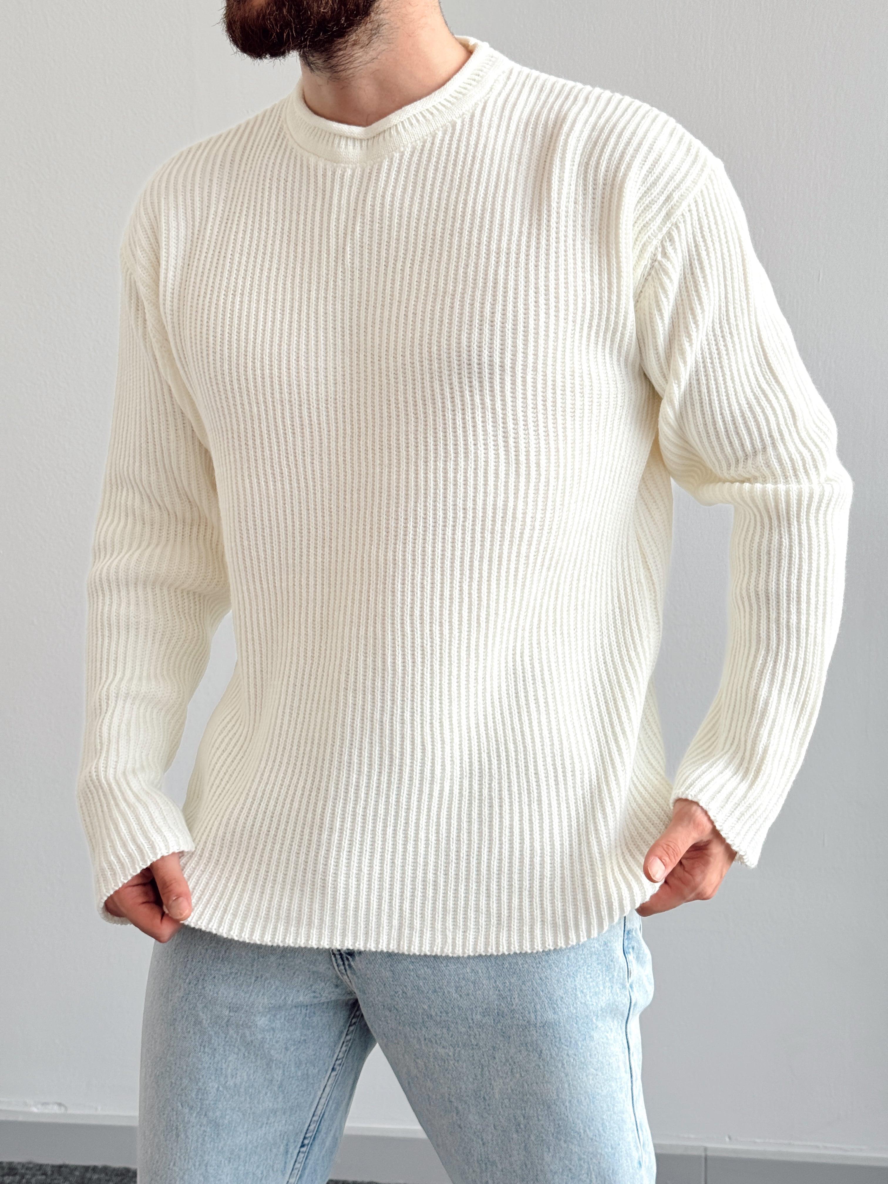 Erkek Marrakech Oversize Örme Desenli Triko Kazak-Ekru(E1125)Ketench