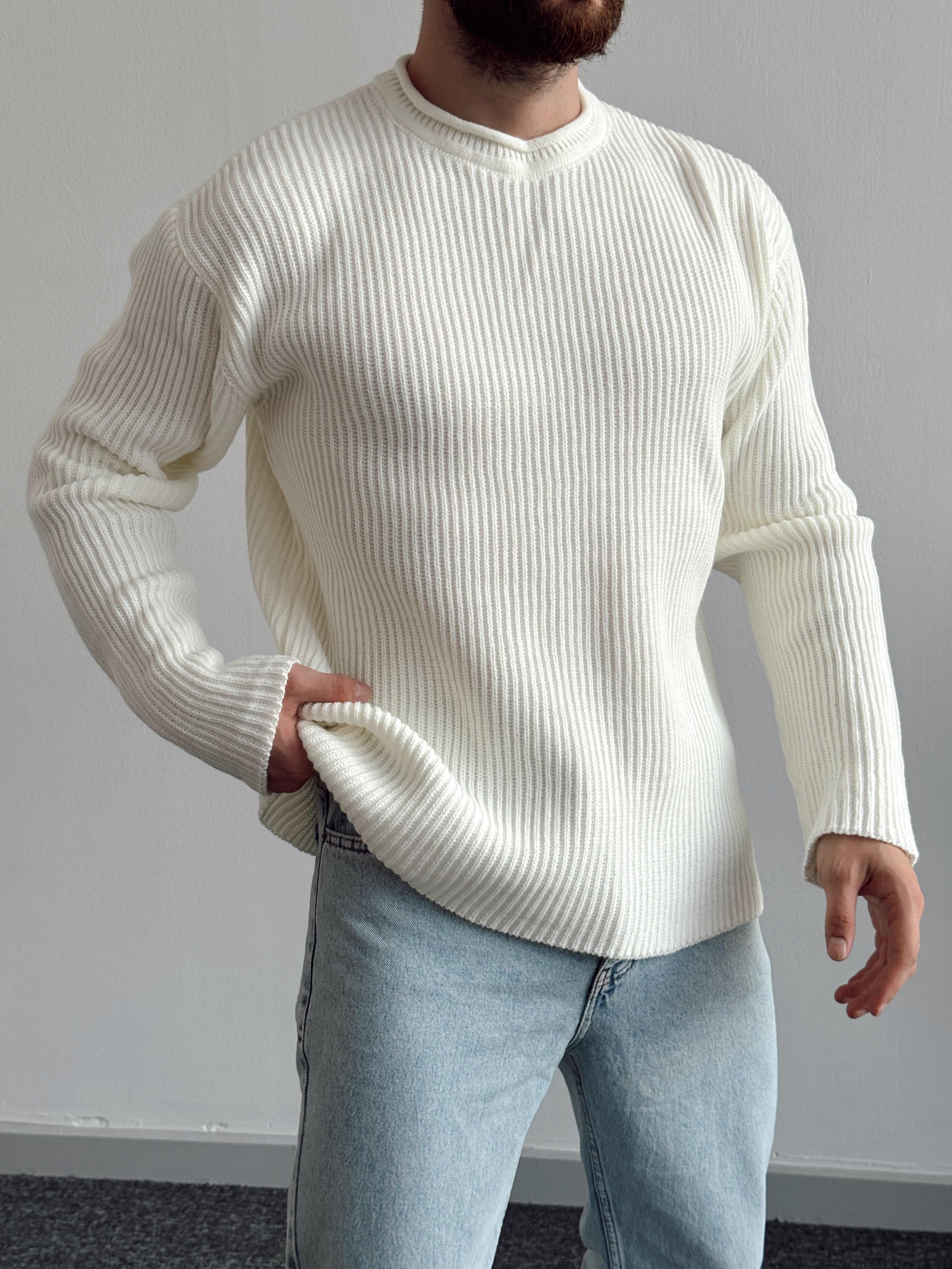 Erkek Marrakech Oversize Örme Desenli Triko Kazak-Ekru(E1125)Ketench