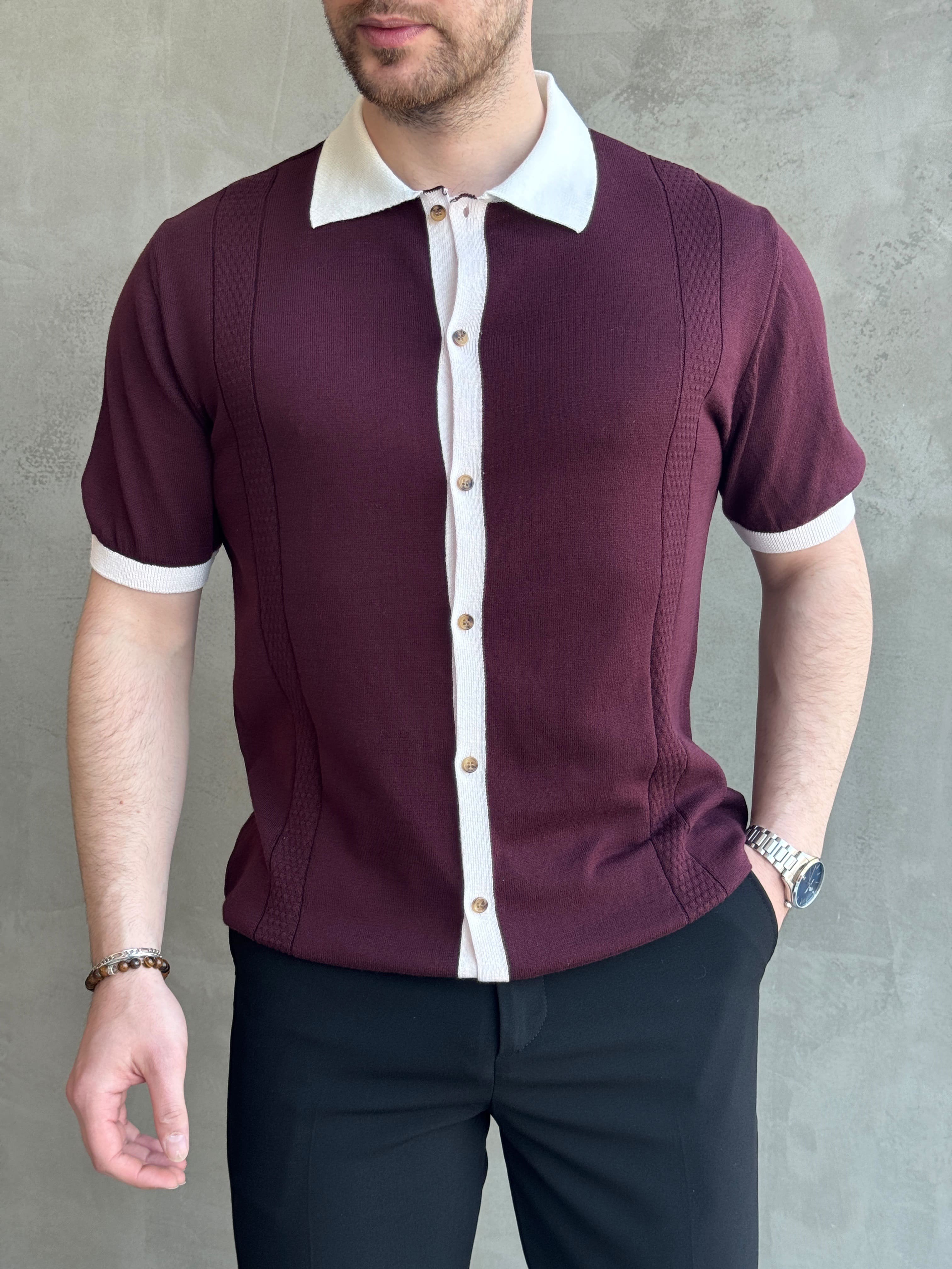 Erkek Modern Kesim Regular Kalıp Düğme Detaylı Ribanalı Triko T-Shirt-Bordo(E1696)Ketench