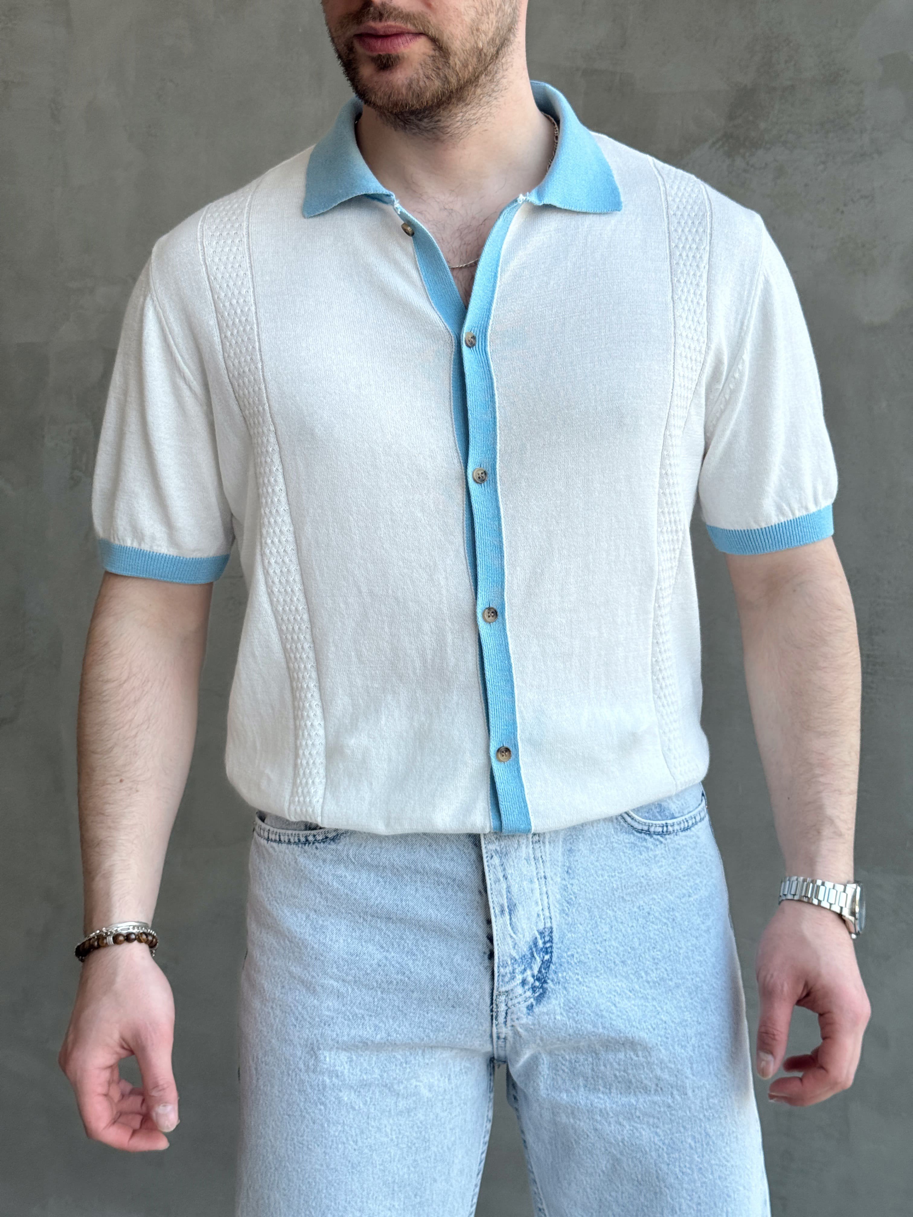 Erkek Modern Kesim Regular Kalıp Düğme Detaylı Ribanalı Triko T-Shirt-Beyaz(E1696)Ketench