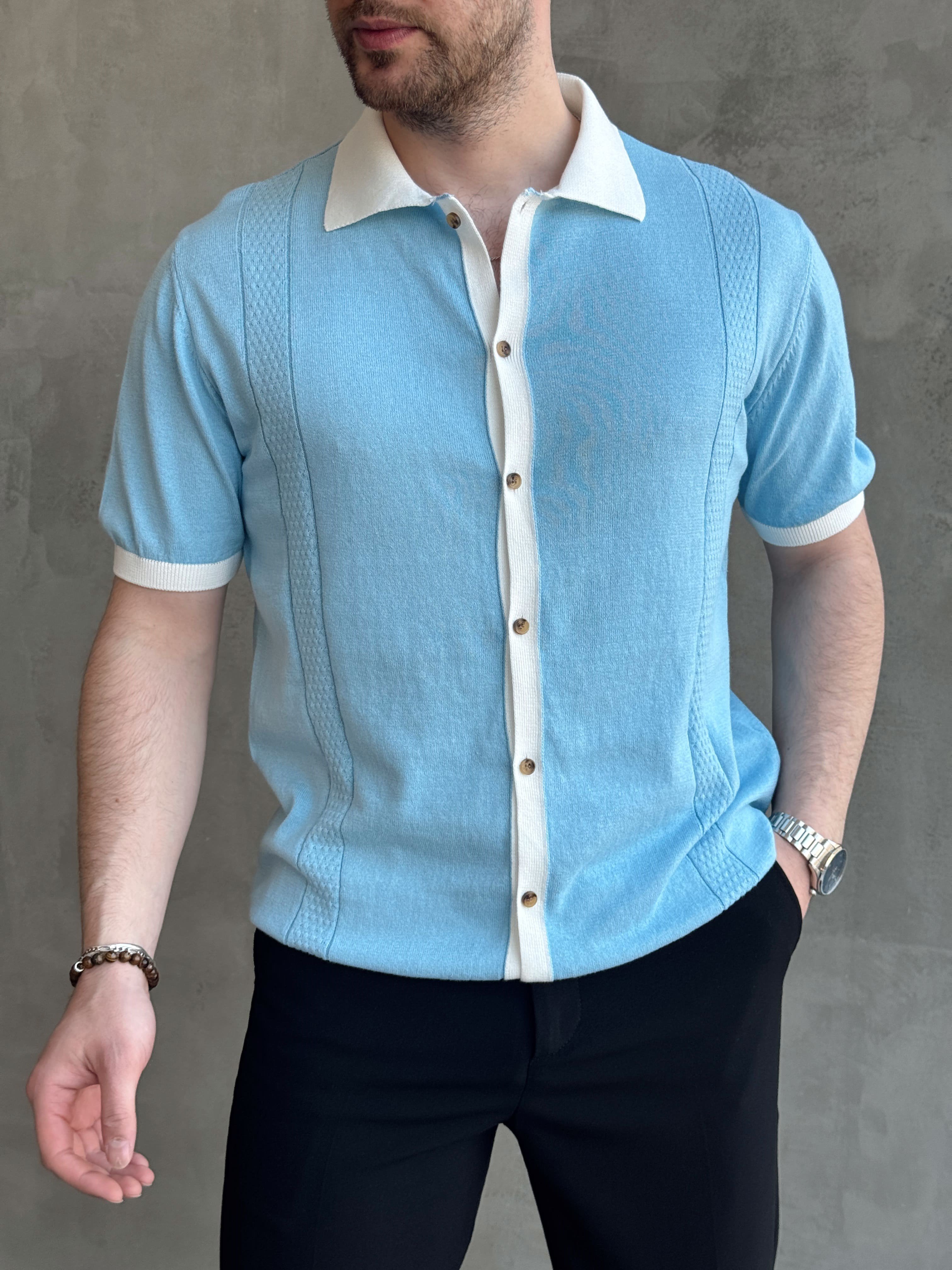 Erkek Modern Kesim Regular Kalıp Düğme Detaylı Ribanalı Triko T-Shirt-Bebe Mavi(E1696)Ketench