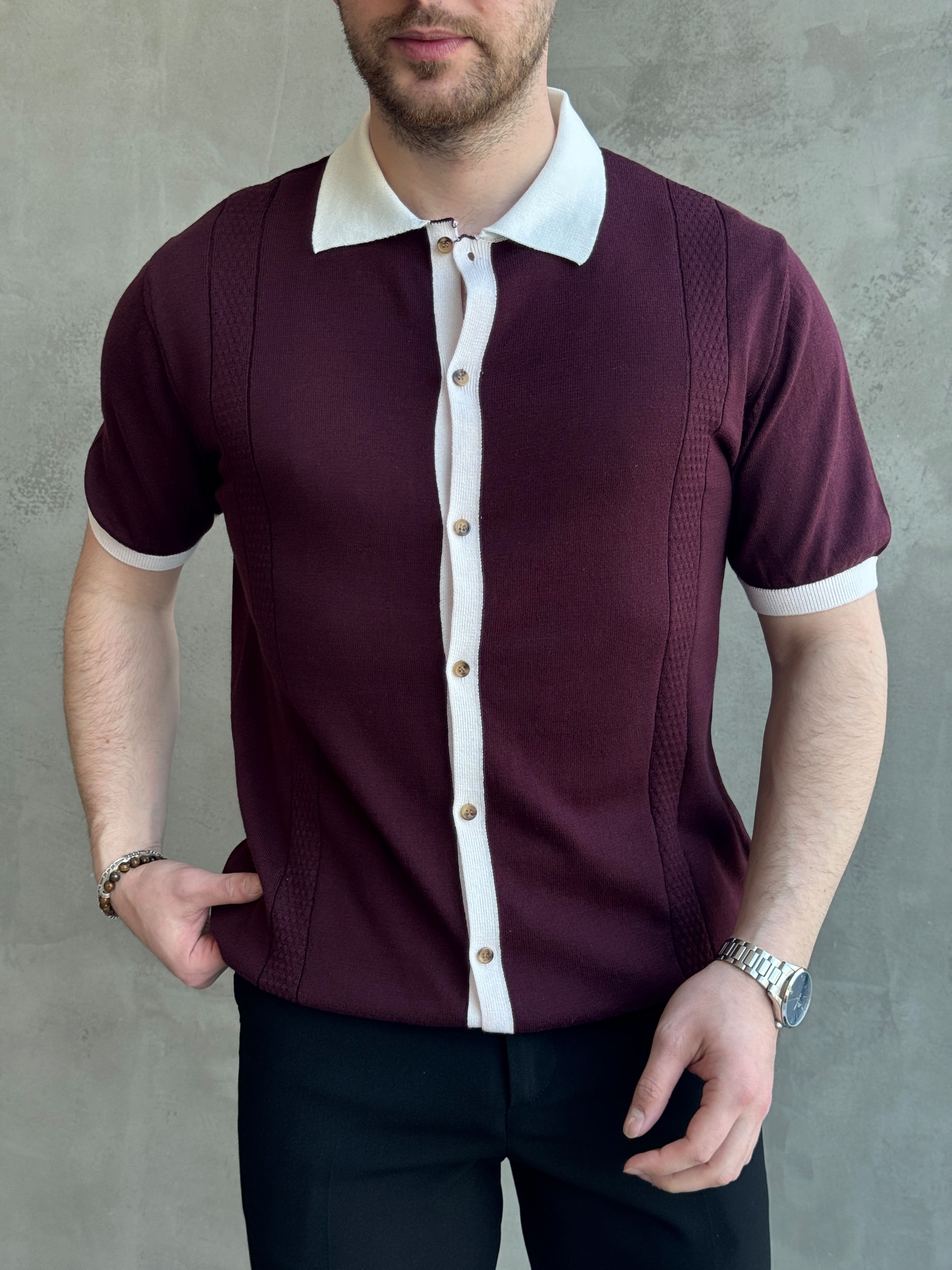 Erkek Modern Kesim Regular Kalıp Düğme Detaylı Ribanalı Triko T-Shirt-Bordo(E1696)Ketench
