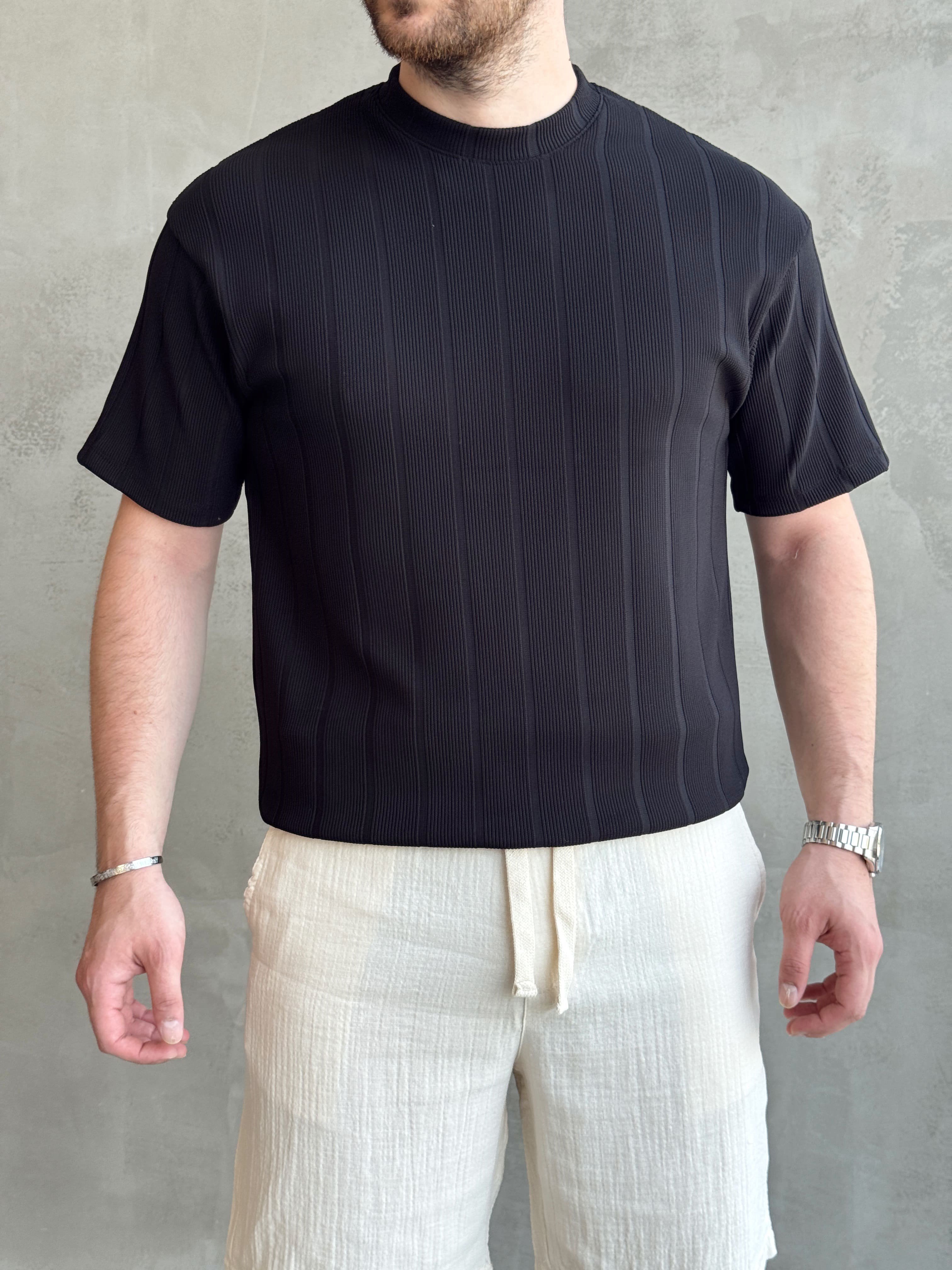 Erkek Modern Tarz Oversize Kalıp Şerit Detaylı T-Shirt-Siyah(E1772)Ketench