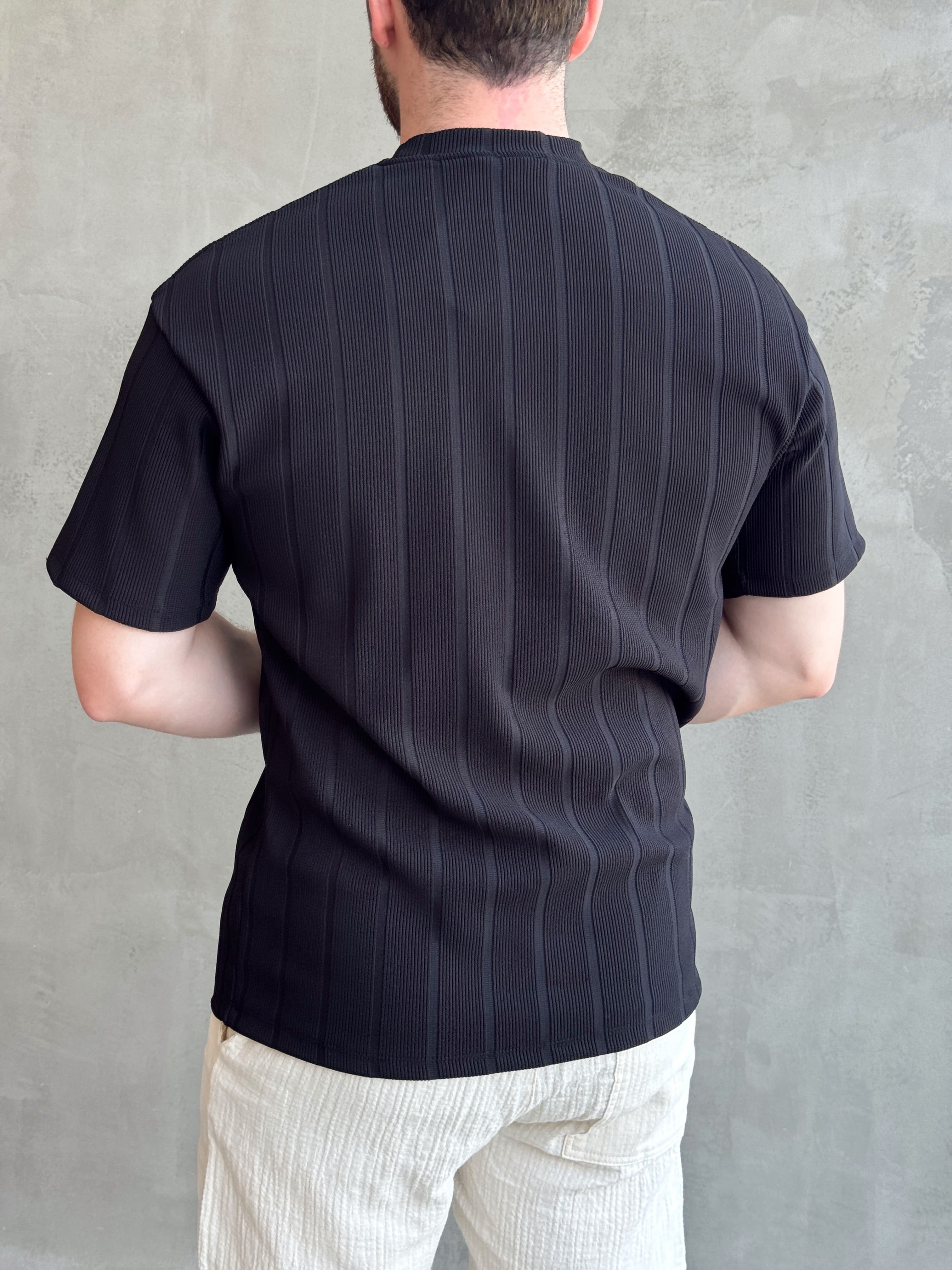 Erkek Modern Tarz Oversize Kalıp Şerit Detaylı T-Shirt-Siyah(E1772)Ketench