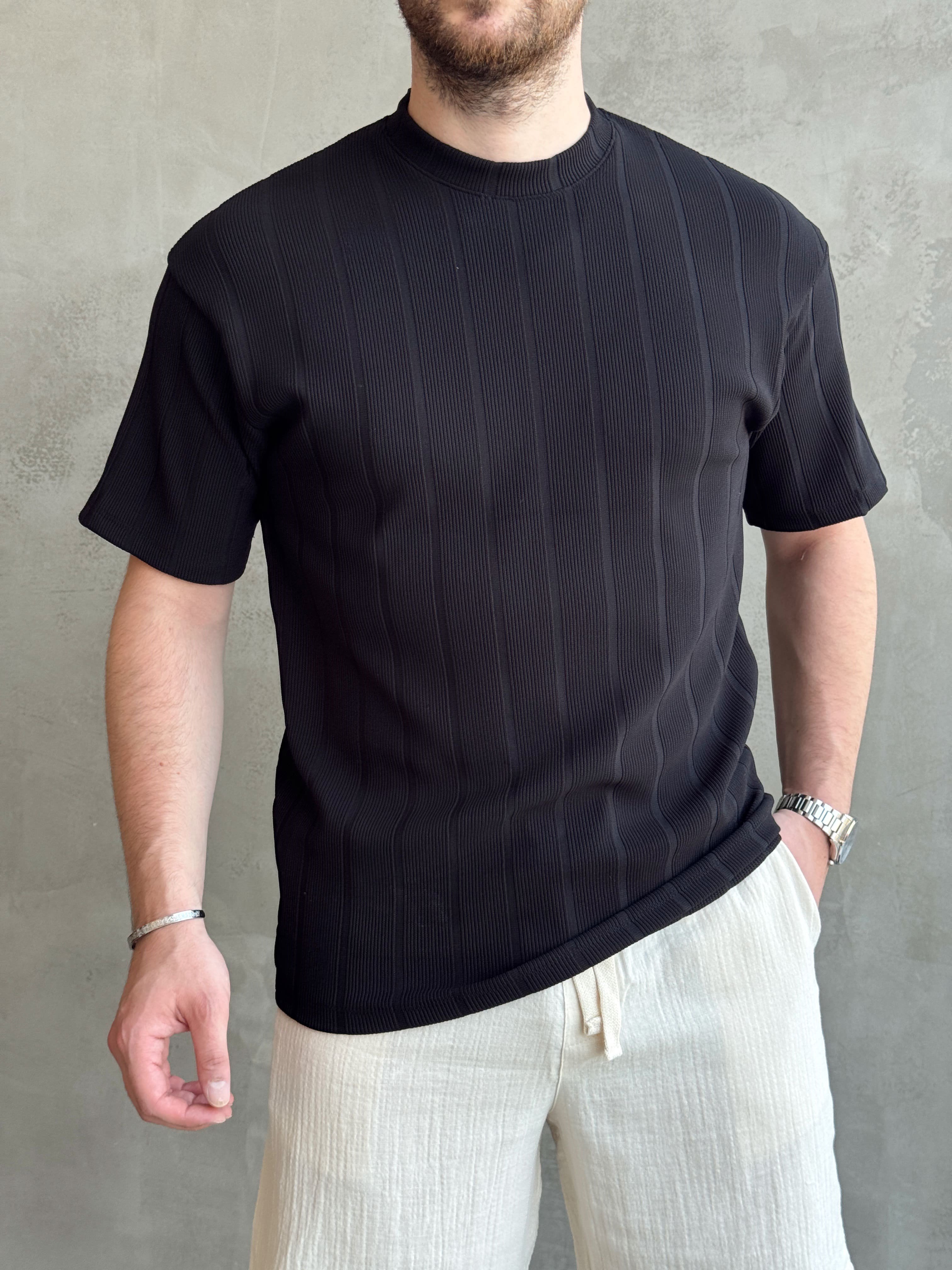 Erkek Modern Tarz Oversize Kalıp Şerit Detaylı T-Shirt-Siyah(E1772)Ketench