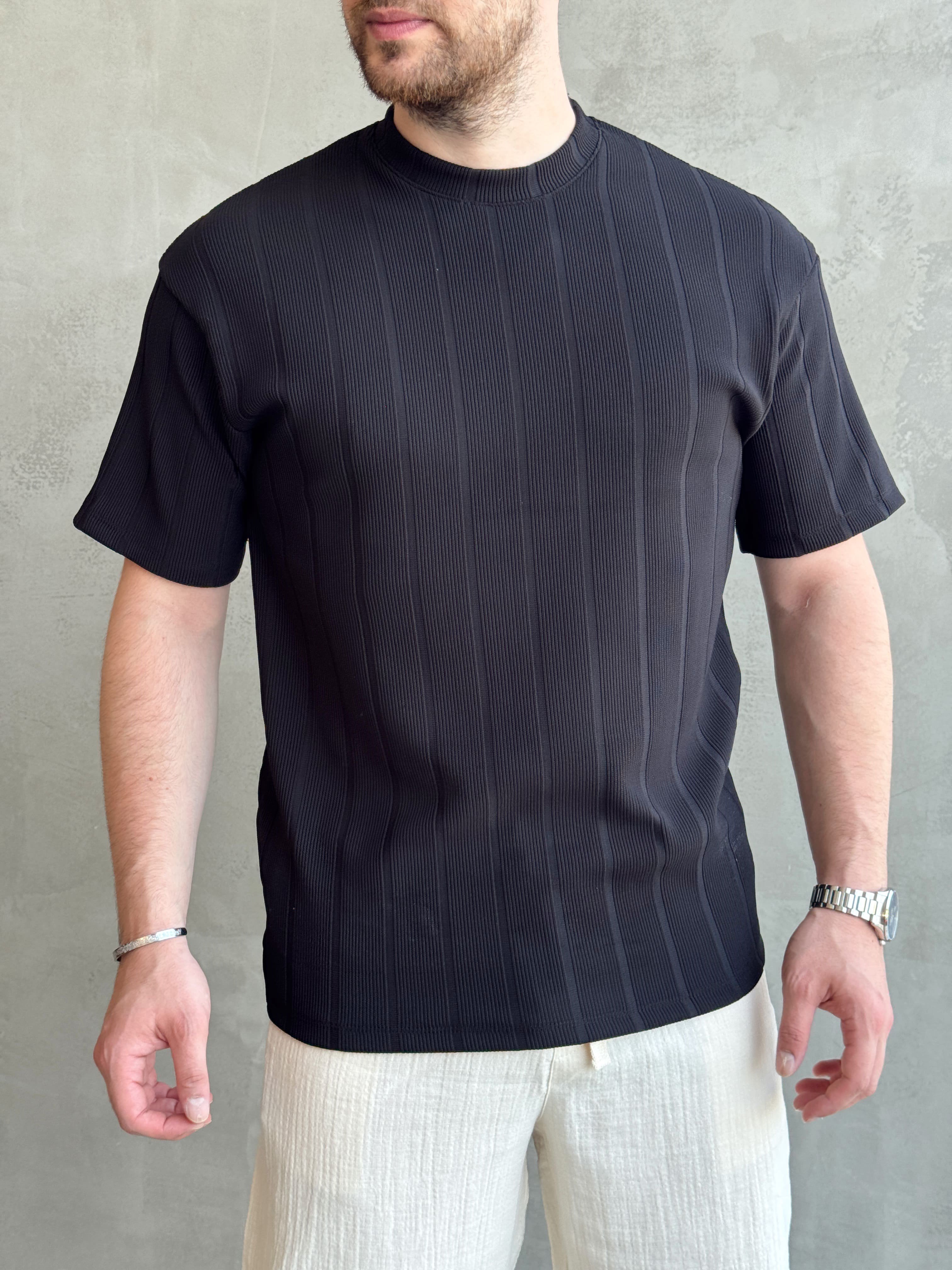 Erkek Modern Tarz Oversize Kalıp Şerit Detaylı T-Shirt-Siyah(E1772)Ketench