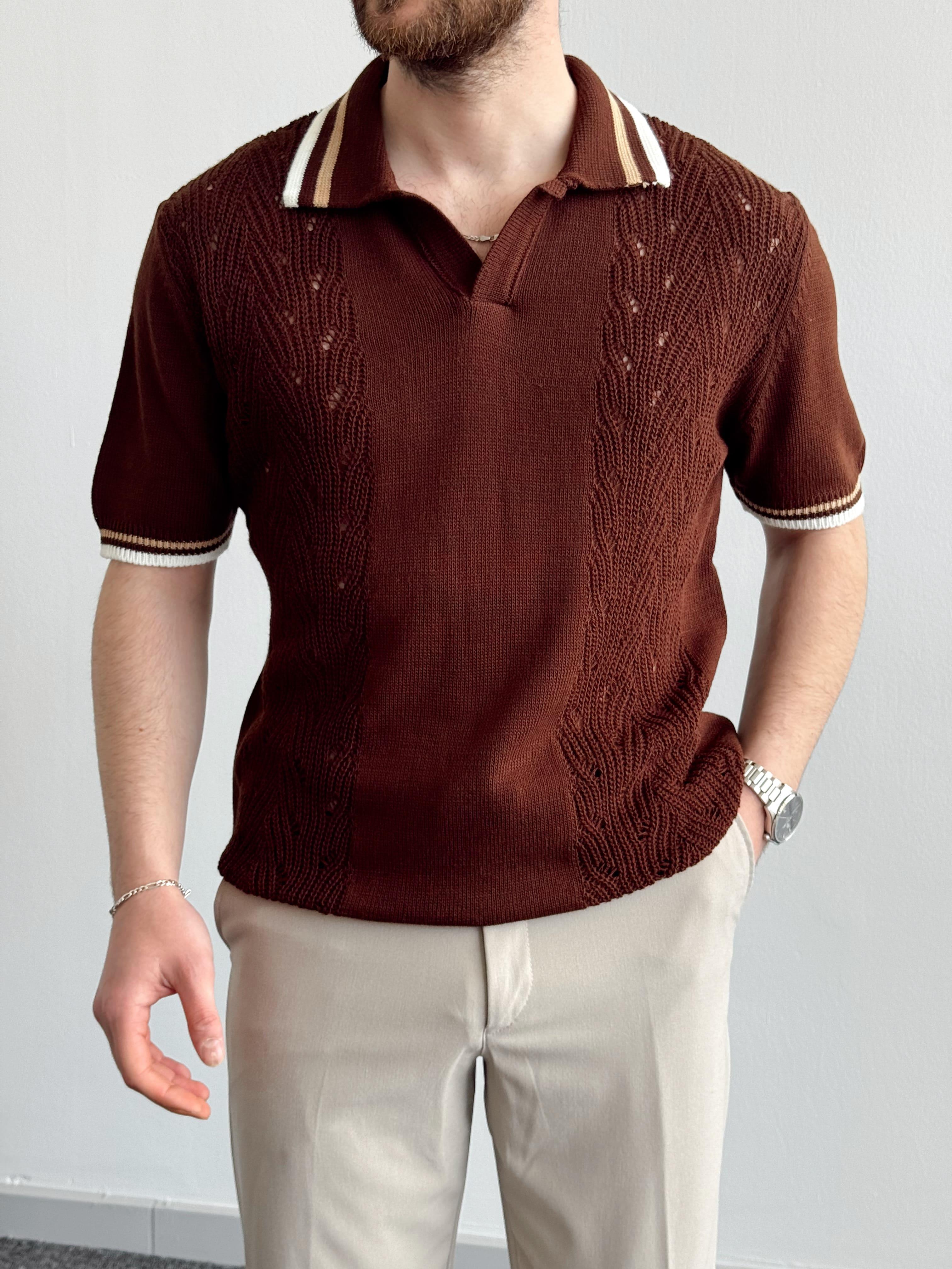 Erkek Numaralandırılmış Özel Seri Çizgi Detay Oversize Kalıp Polo Yaka Triko T-Shirt-Kahverengi/Bej(E1375)Ketench