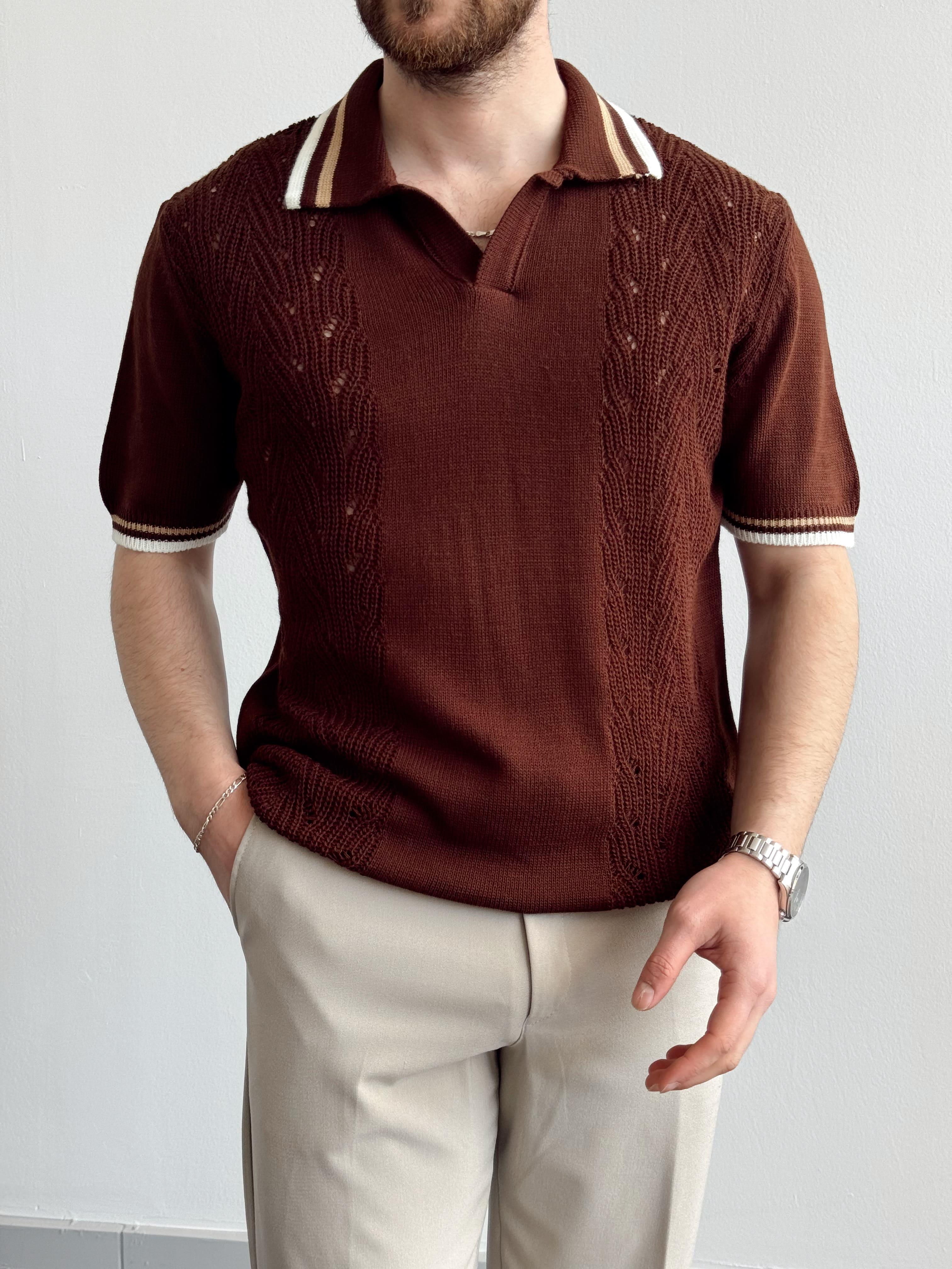 Erkek Numaralandırılmış Özel Seri Çizgi Detay Oversize Kalıp Polo Yaka Triko T-Shirt-Kahverengi/Bej(E1375)Ketench