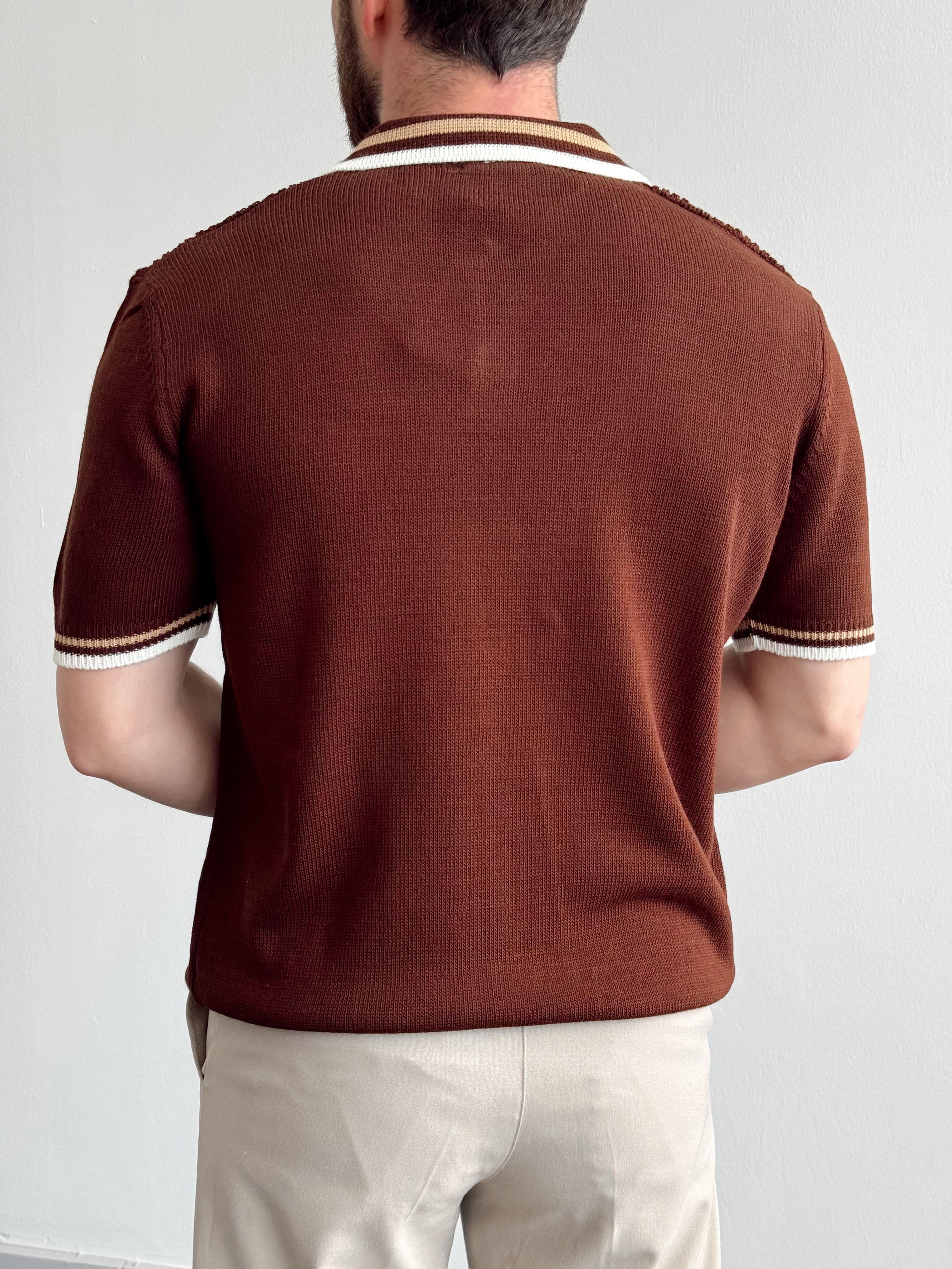 Erkek Numaralandırılmış Özel Seri Çizgi Detay Oversize Kalıp Polo Yaka Triko T-Shirt-Kahverengi/Bej(E1375)Ketench