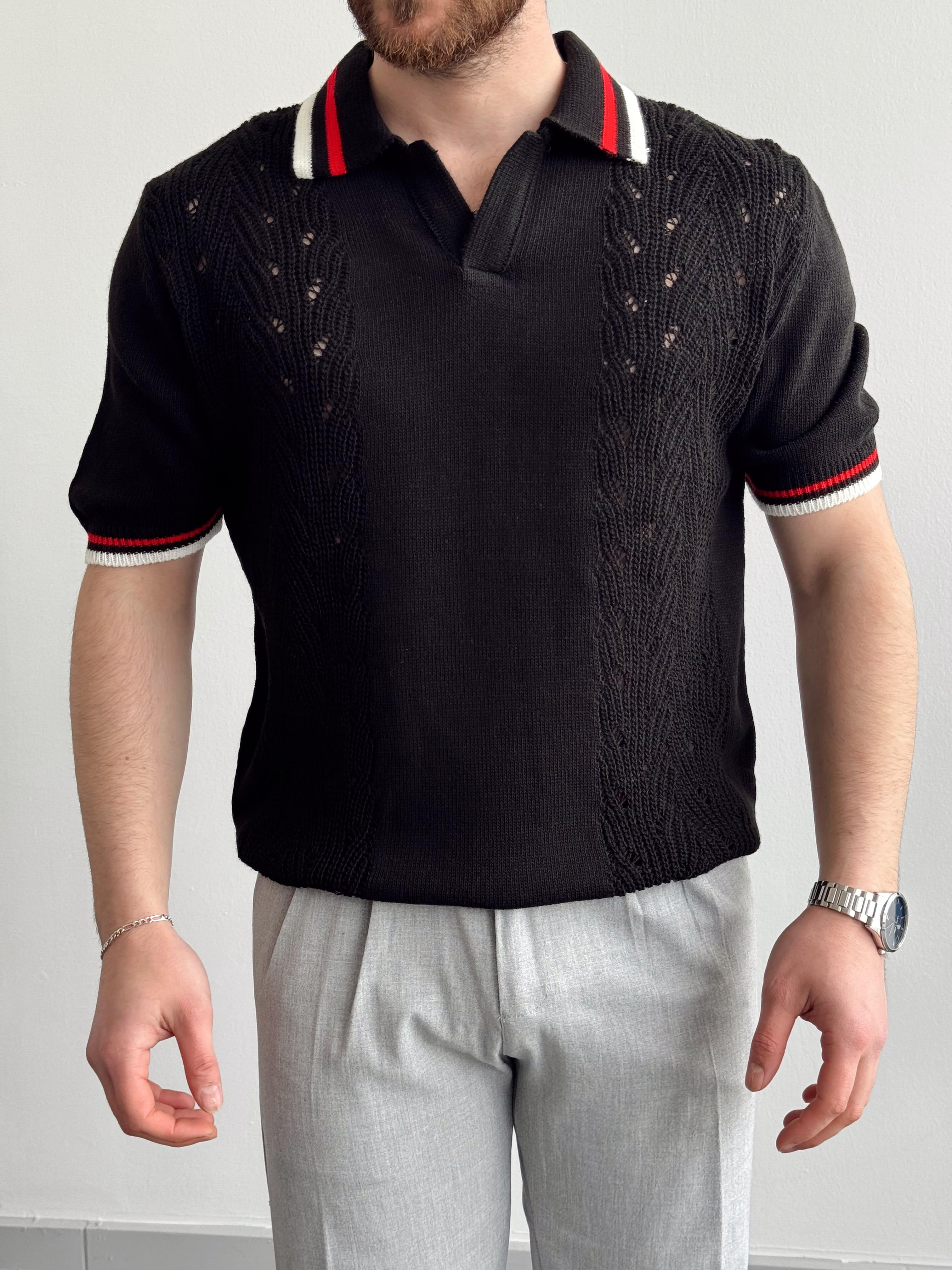Erkek Numaralandırılmış Özel Seri Çizgi Detay Oversize Kalıp Polo Yaka Triko T-Shirt-Siyah(E1375)Ketench
