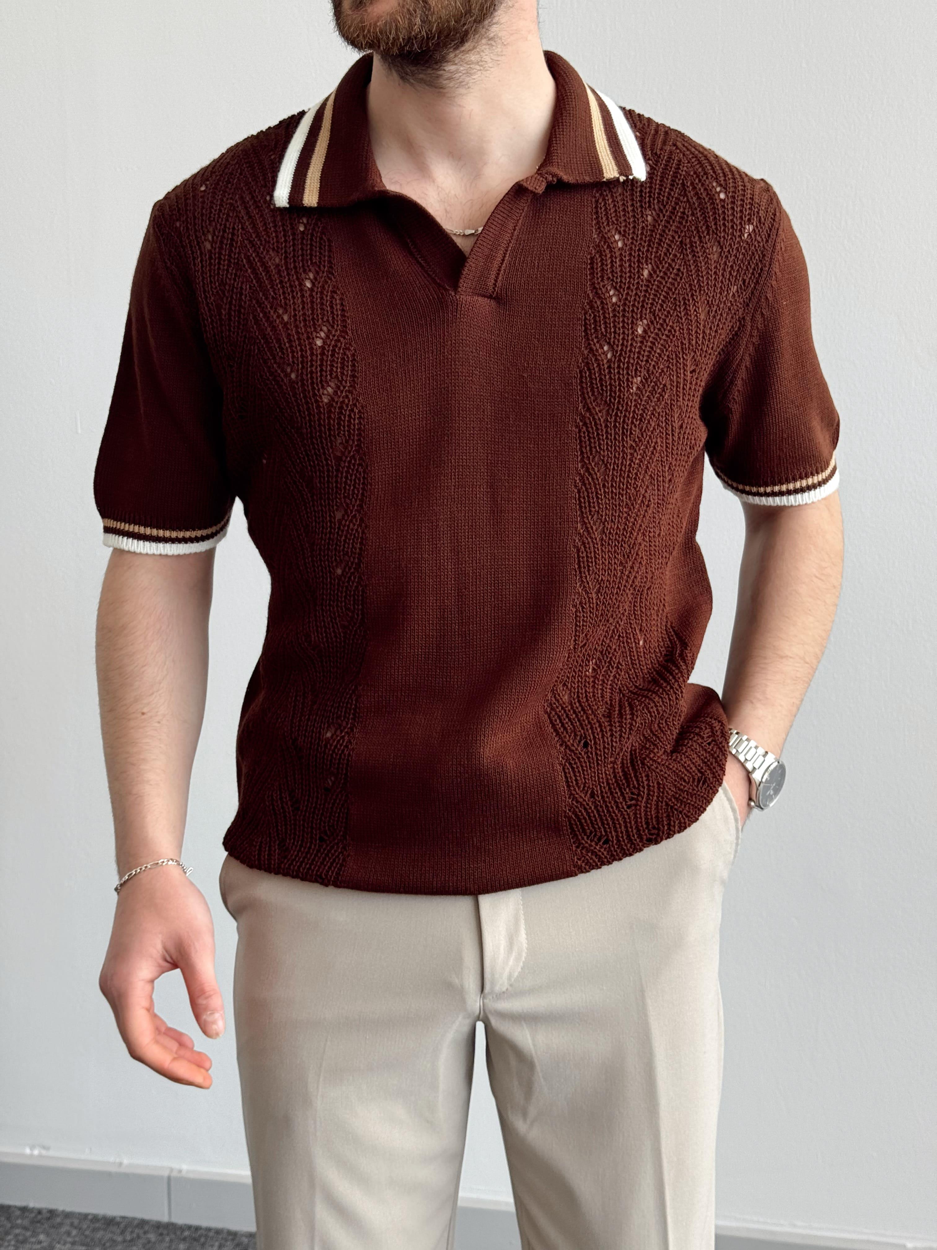 Erkek Numaralandırılmış Özel Seri Çizgi Detay Oversize Kalıp Polo Yaka Triko T-Shirt-Kahverengi/Bej(E1375)Ketench