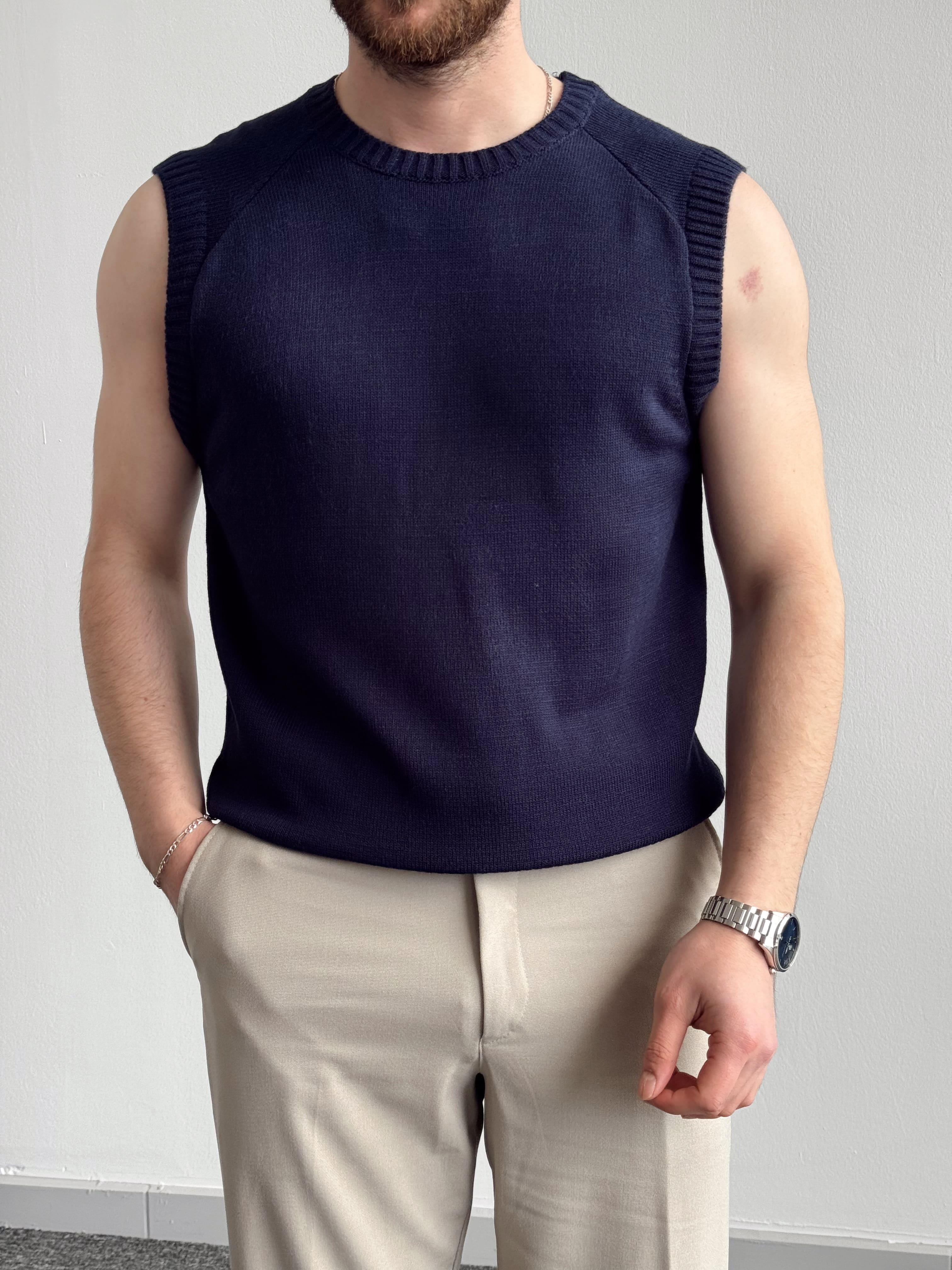 Erkek Numaralandırılmış Özel Seri Oversize Kalıp Bisiklet Yaka Sıfır Kol Triko T-Shirt-Lacivert(E1380)Ketench