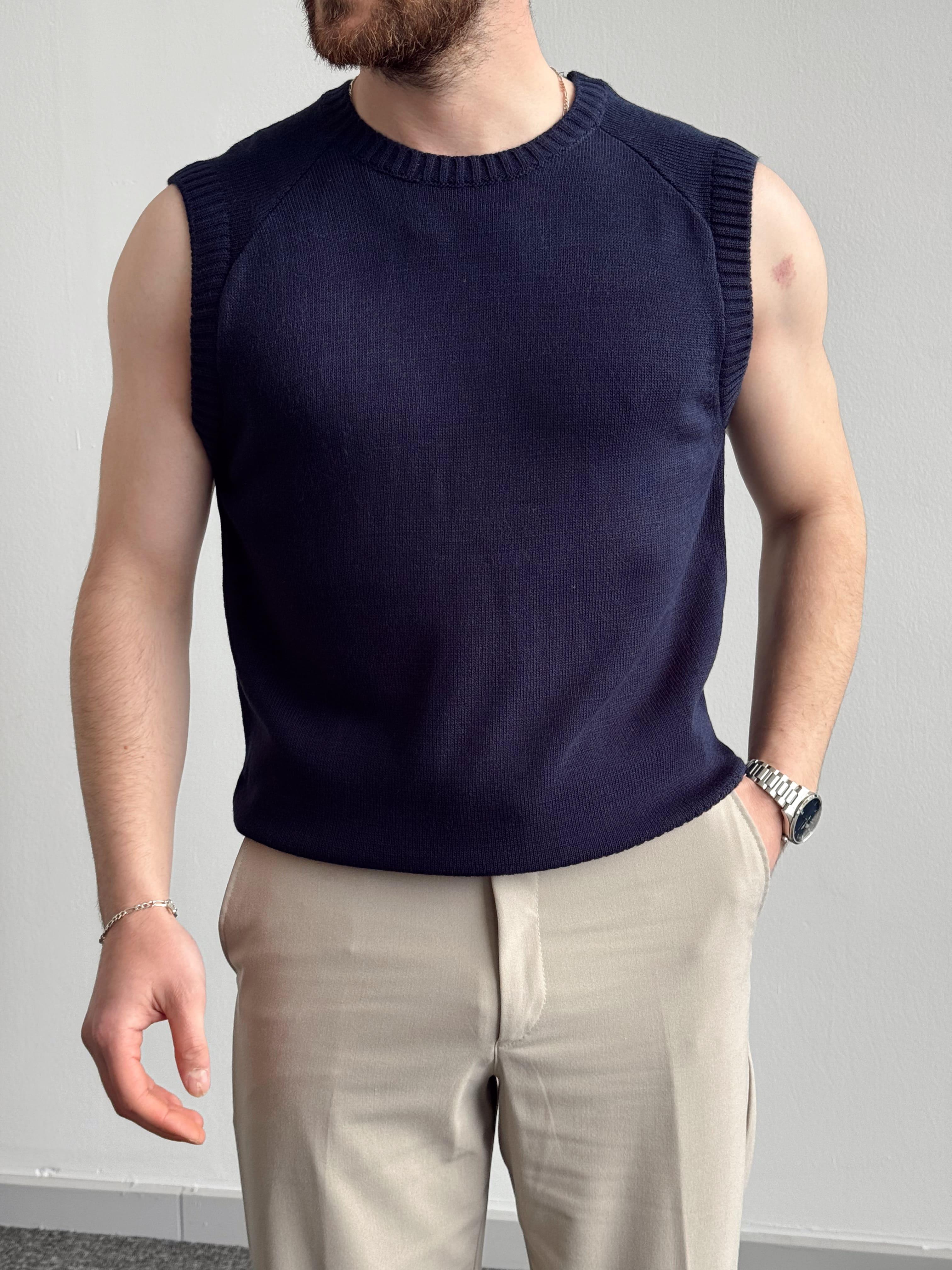 Erkek Numaralandırılmış Özel Seri Oversize Kalıp Bisiklet Yaka Sıfır Kol Triko T-Shirt-Lacivert(E1380)Ketench