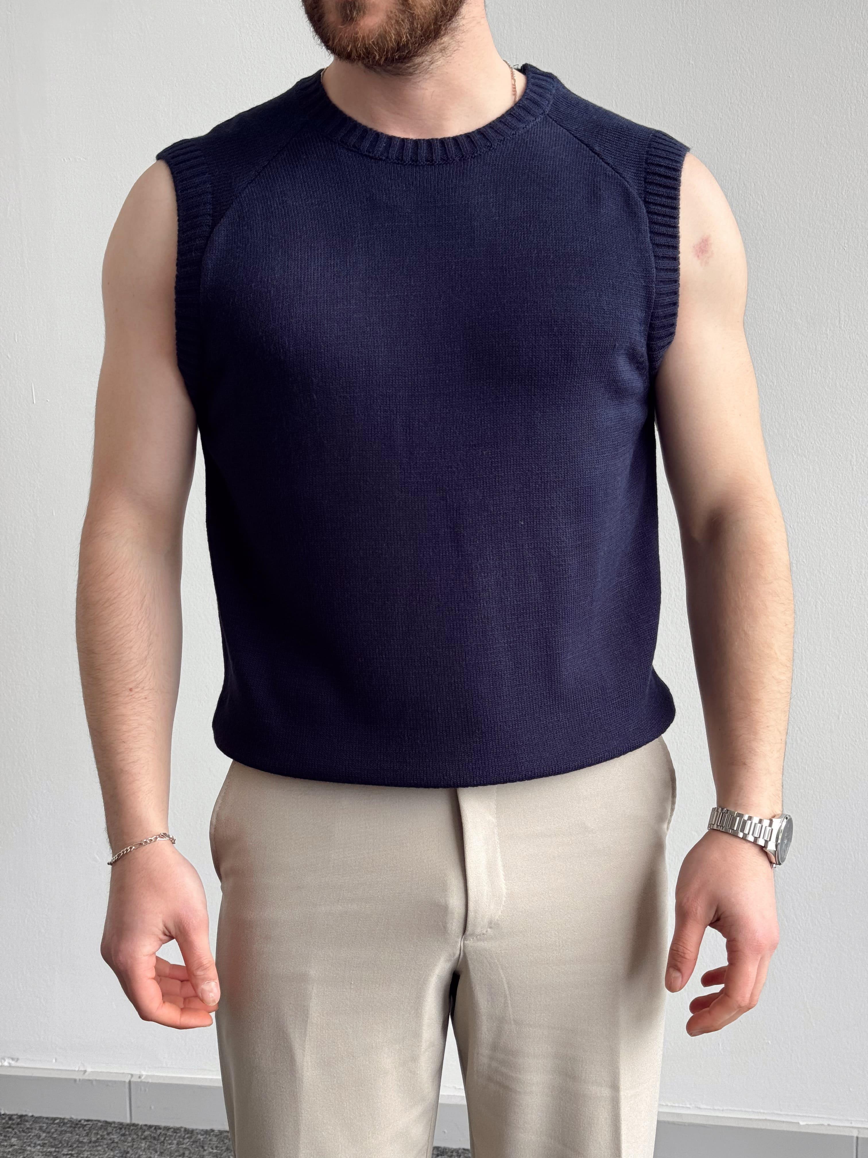Erkek Numaralandırılmış Özel Seri Oversize Kalıp Bisiklet Yaka Sıfır Kol Triko T-Shirt-Lacivert(E1380)Ketench