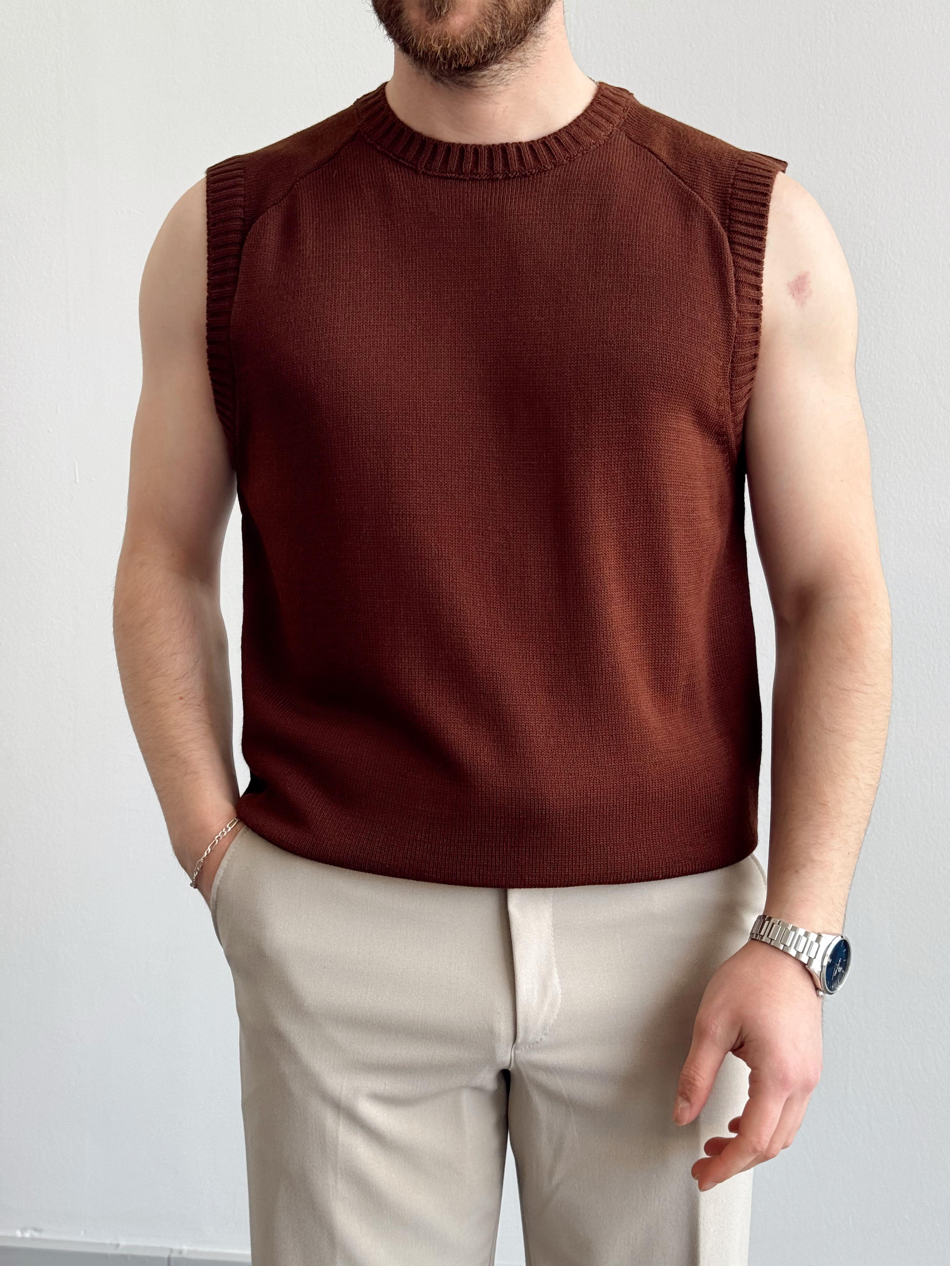 Erkek Numaralandırılmış Özel Seri Oversize Kalıp Bisiklet Yaka Sıfır Kol Triko T-Shirt-Kahverengi(E1380)Ketench