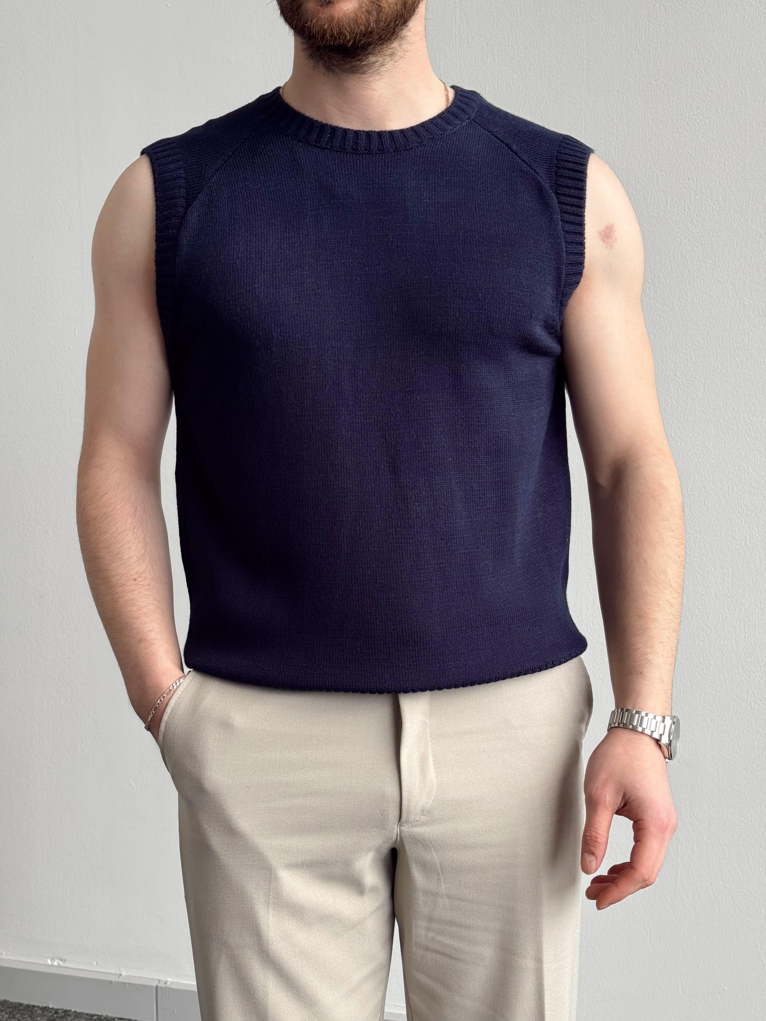 Erkek Numaralandırılmış Özel Seri Oversize Kalıp Bisiklet Yaka Sıfır Kol Triko T-Shirt-Lacivert(E1380)Ketench
