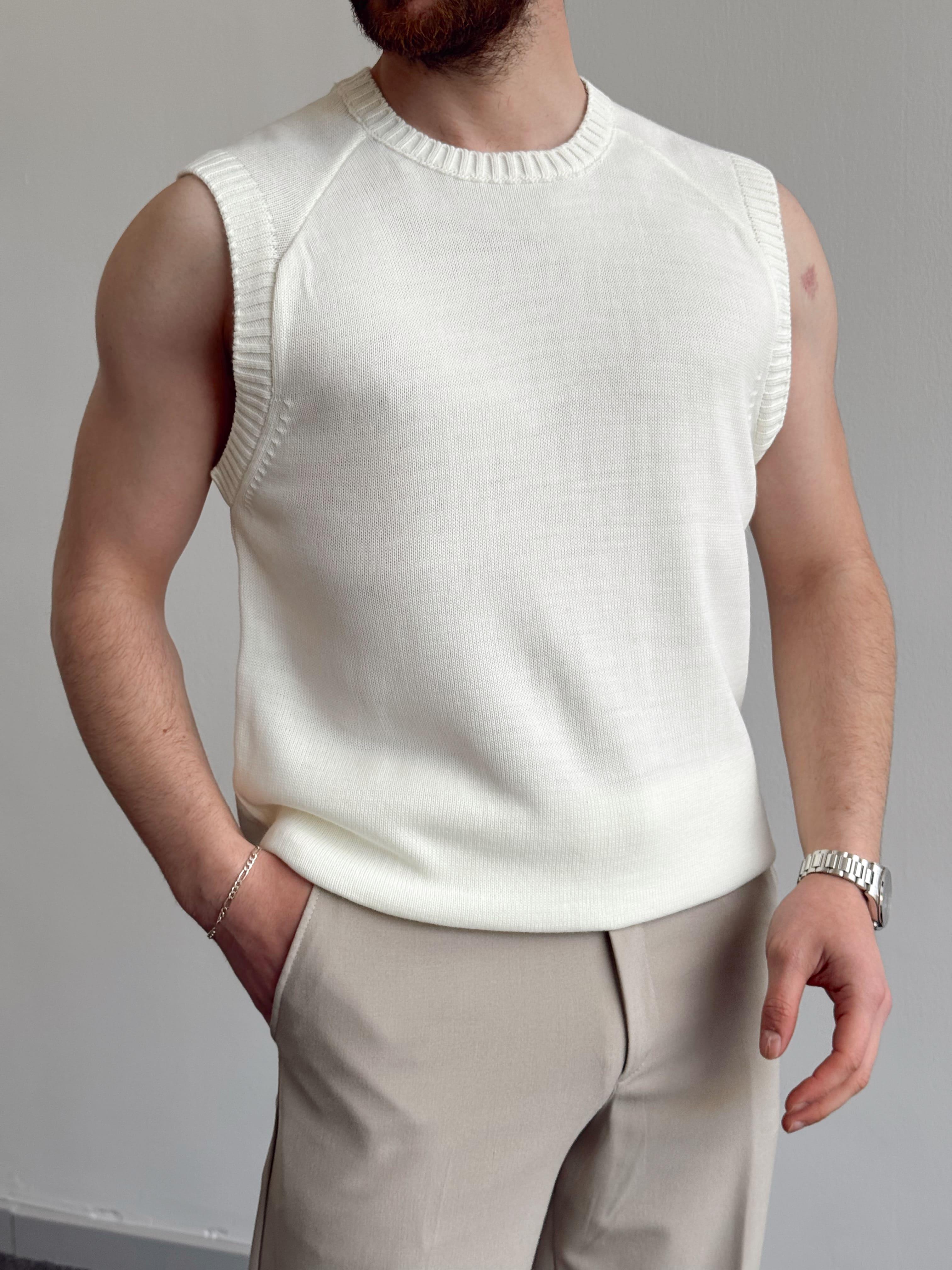 Erkek Numaralandırılmış Özel Seri Oversize Kalıp Bisiklet Yaka Sıfır Kol Triko T-Shirt-Ekru(E1380)Ketench