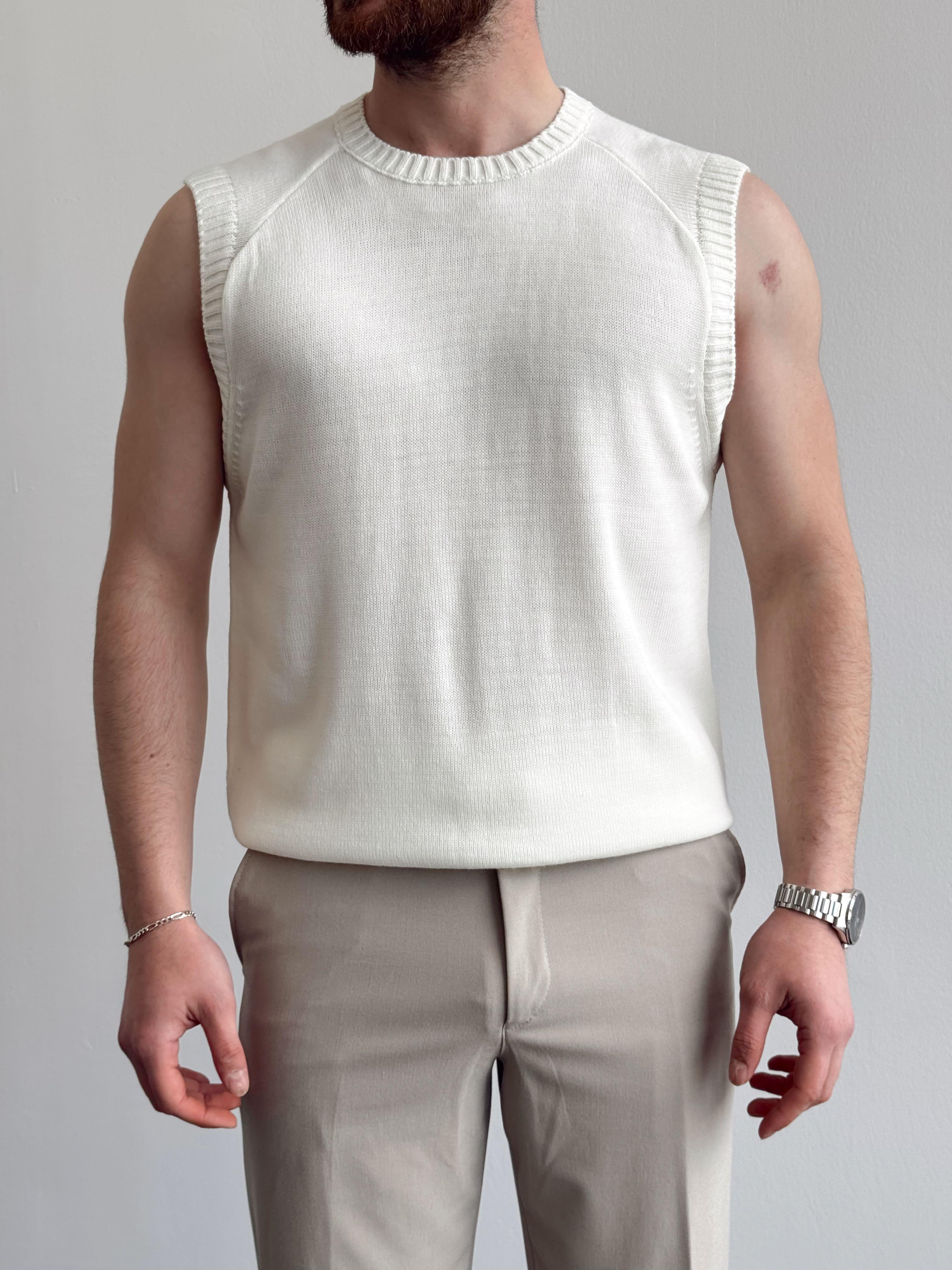 Erkek Numaralandırılmış Özel Seri Oversize Kalıp Bisiklet Yaka Sıfır Kol Triko T-Shirt-Ekru(E1380)Ketench