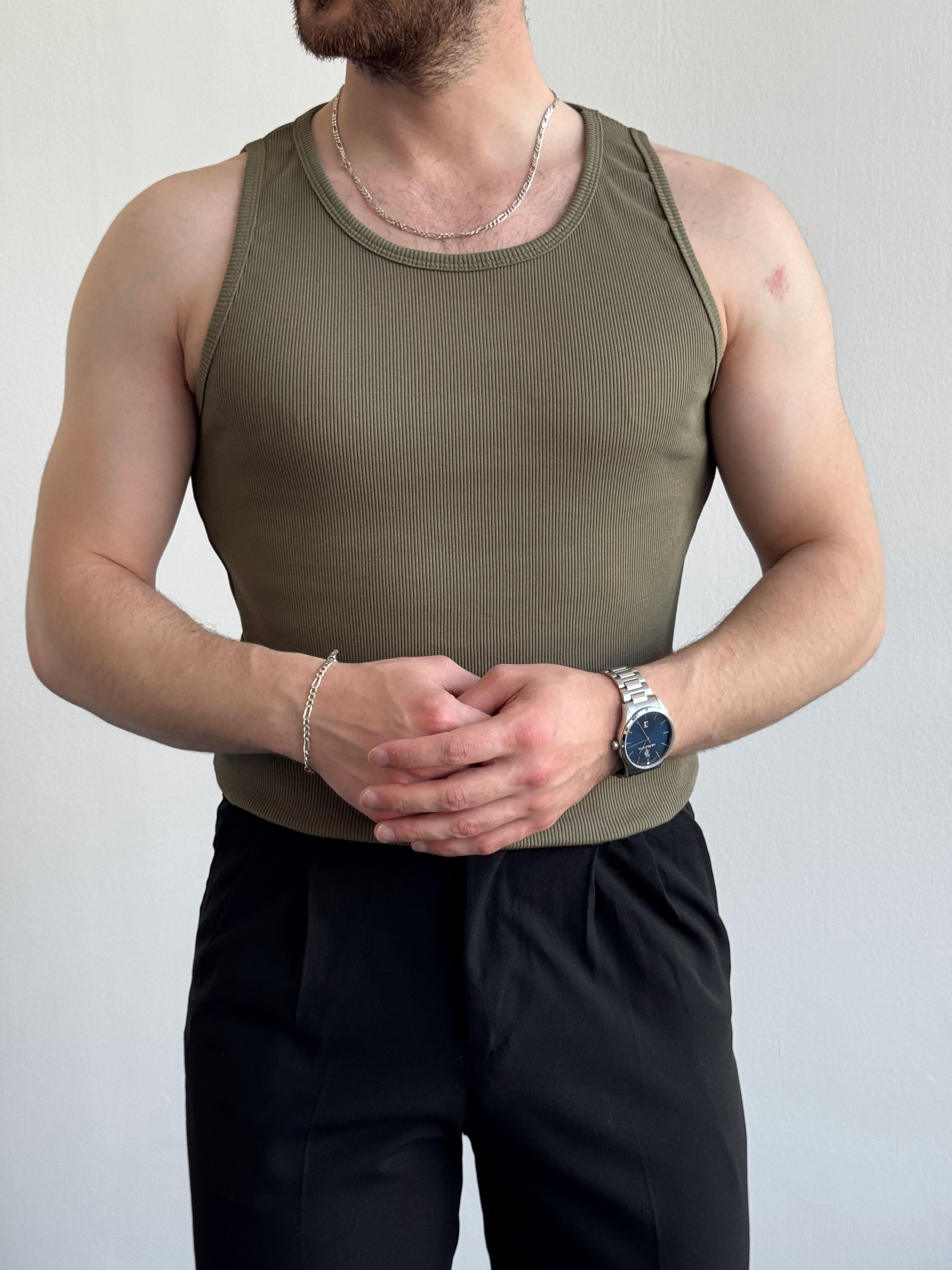 Erkek Numaralandırılmış Özel Seri Slim Fit Fitilli Atlet-Yeşil(E1377)Ketench