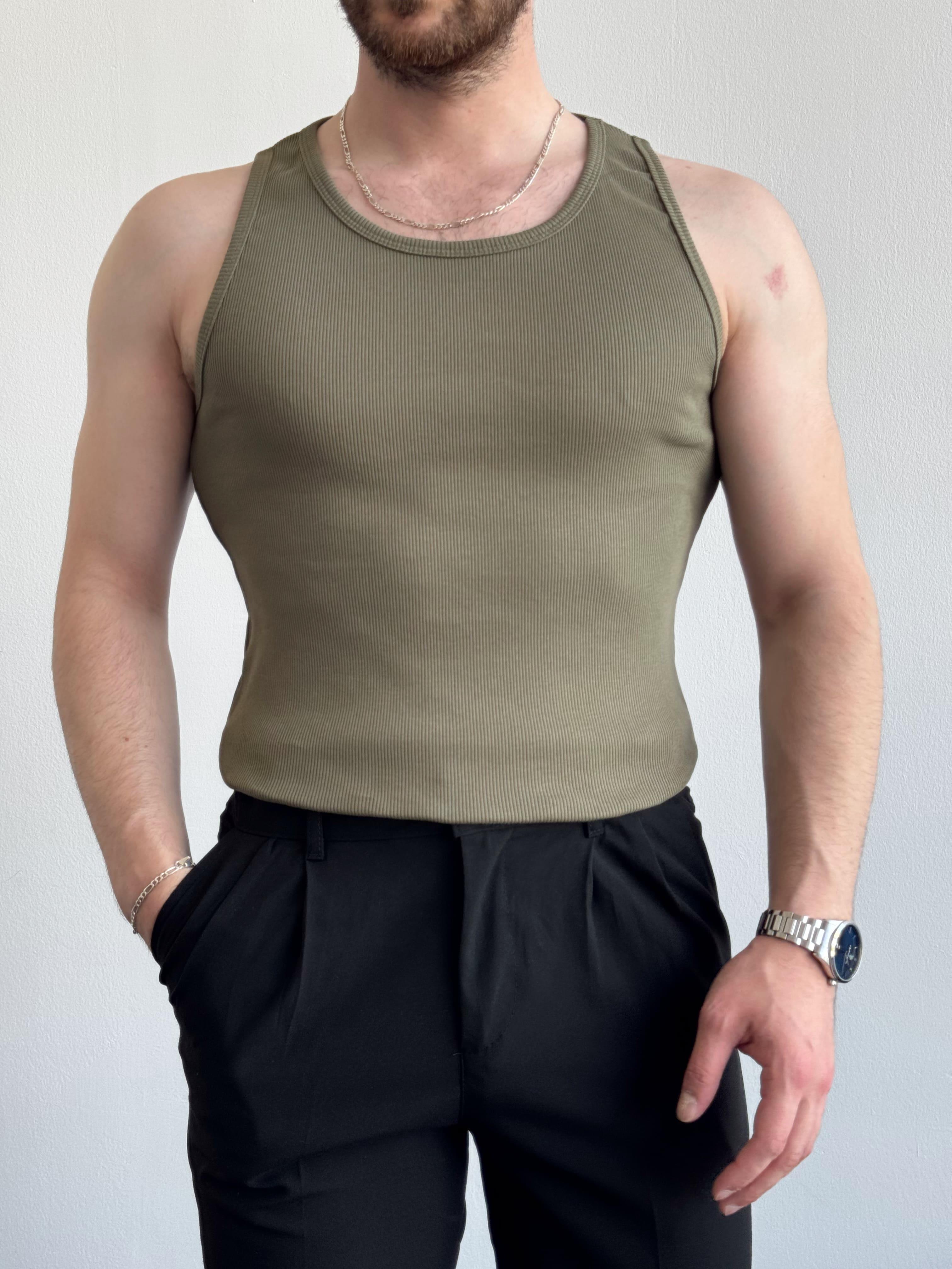 Erkek Numaralandırılmış Özel Seri Slim Fit Fitilli Atlet-Yeşil(E1377)Ketench