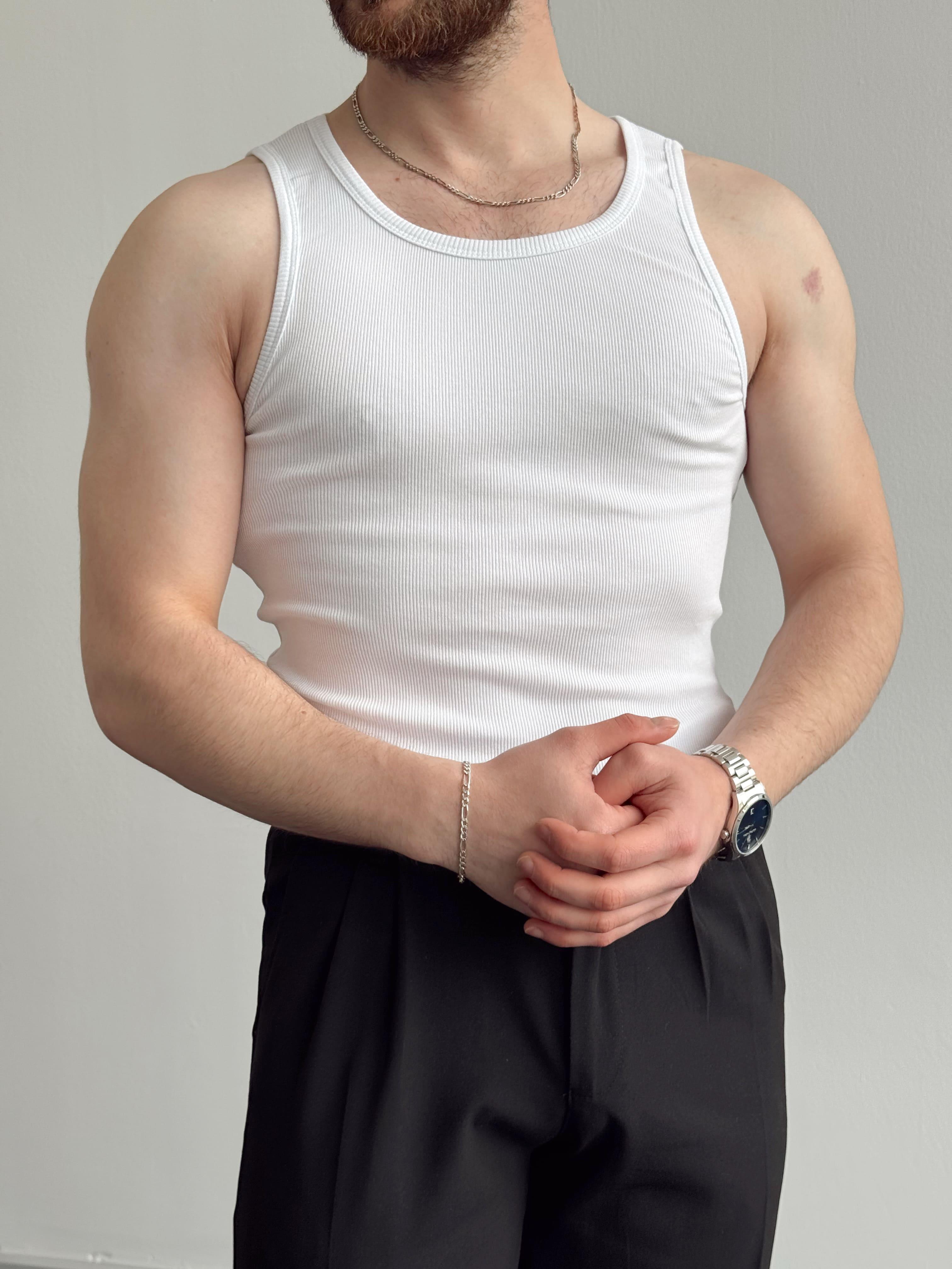 Erkek Numaralandırılmış Özel Seri Slim Fit Fitilli Atlet-Beyaz(E1377)Ketench
