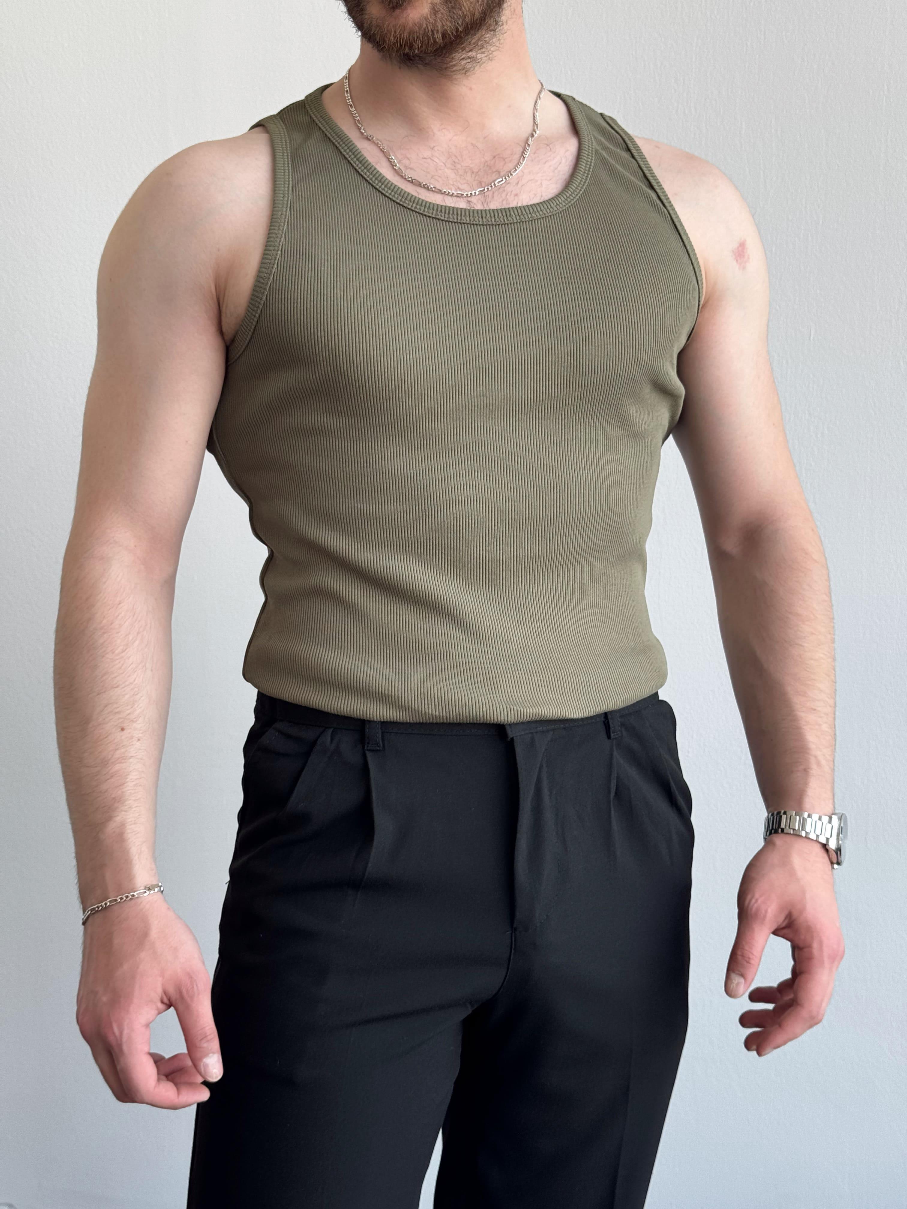 Erkek Numaralandırılmış Özel Seri Slim Fit Fitilli Atlet-Yeşil(E1377)Ketench