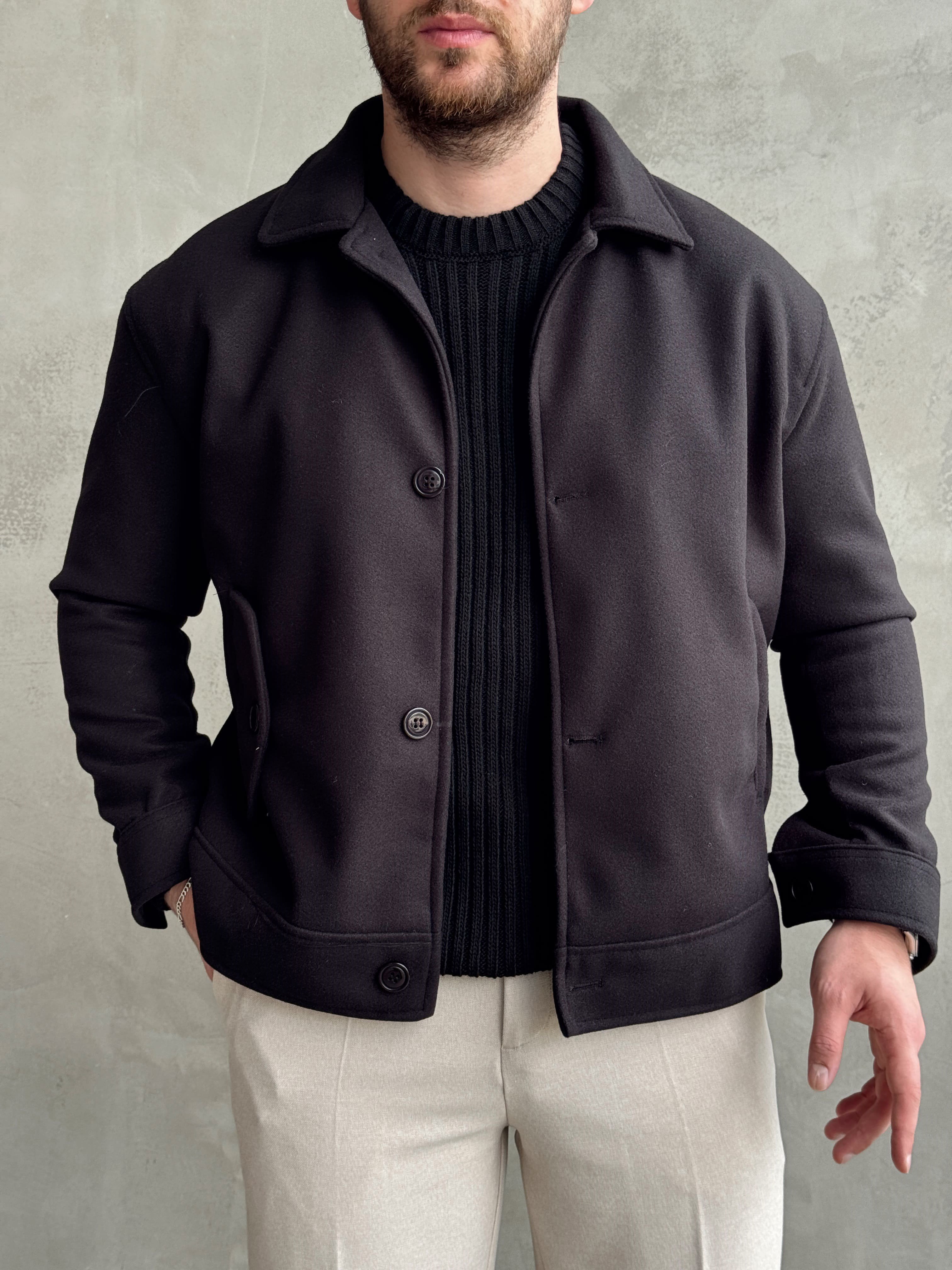 Erkek Öne Çıkan Regular Fit Cep Detaylı Düğmeli Kaşe Ceket-Siyah(E1823)Ketench