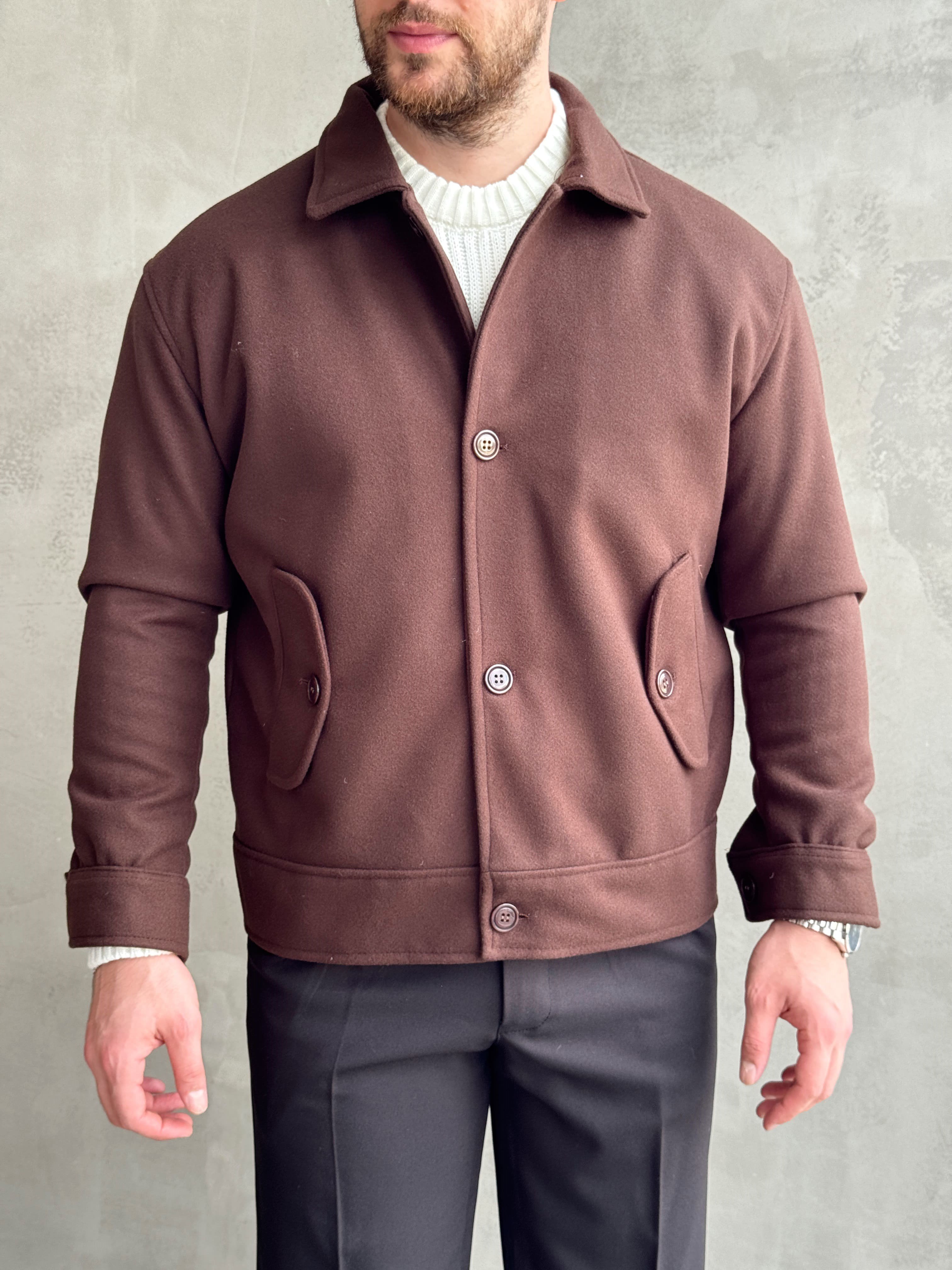 Erkek Öne Çıkan Regular Fit Cep Detaylı Düğmeli Kaşe Ceket-Kahverengi(E1823)Ketench