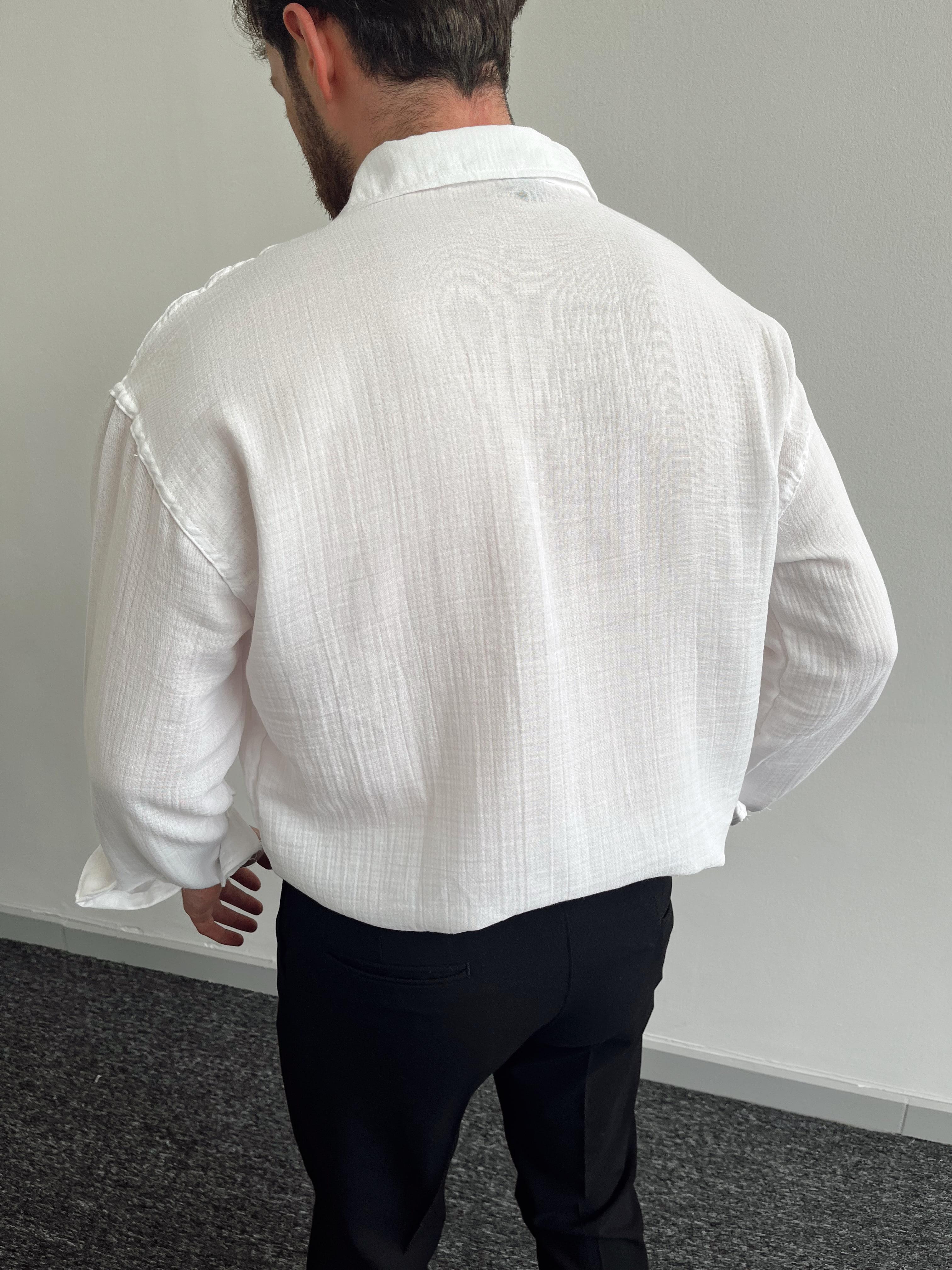 Erkek Oversize Dökümlü Müslin Kumaş Gömlek-Beyaz(E1051)Ketench