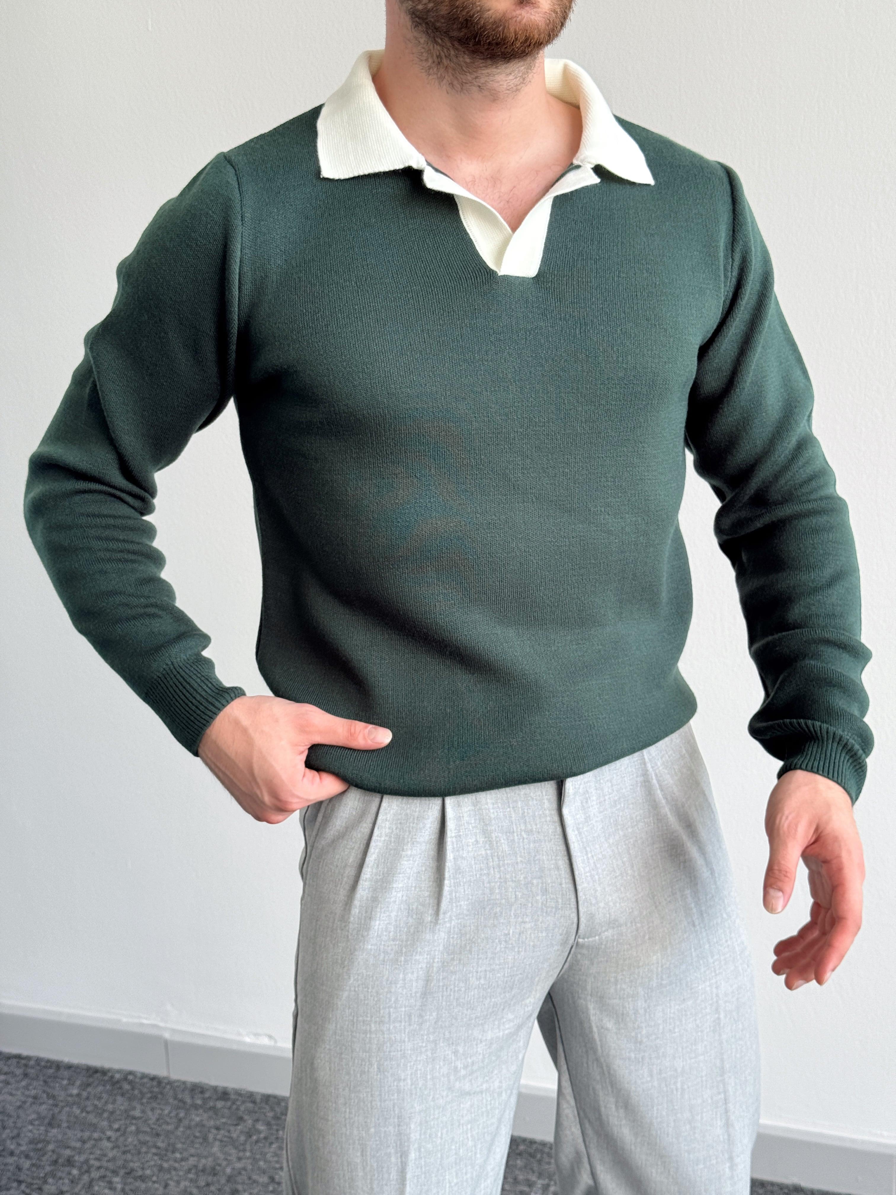Erkek Oversize Düğmesiz Polo Yaka Triko Kazak-Yeşil(E1149)Ketench