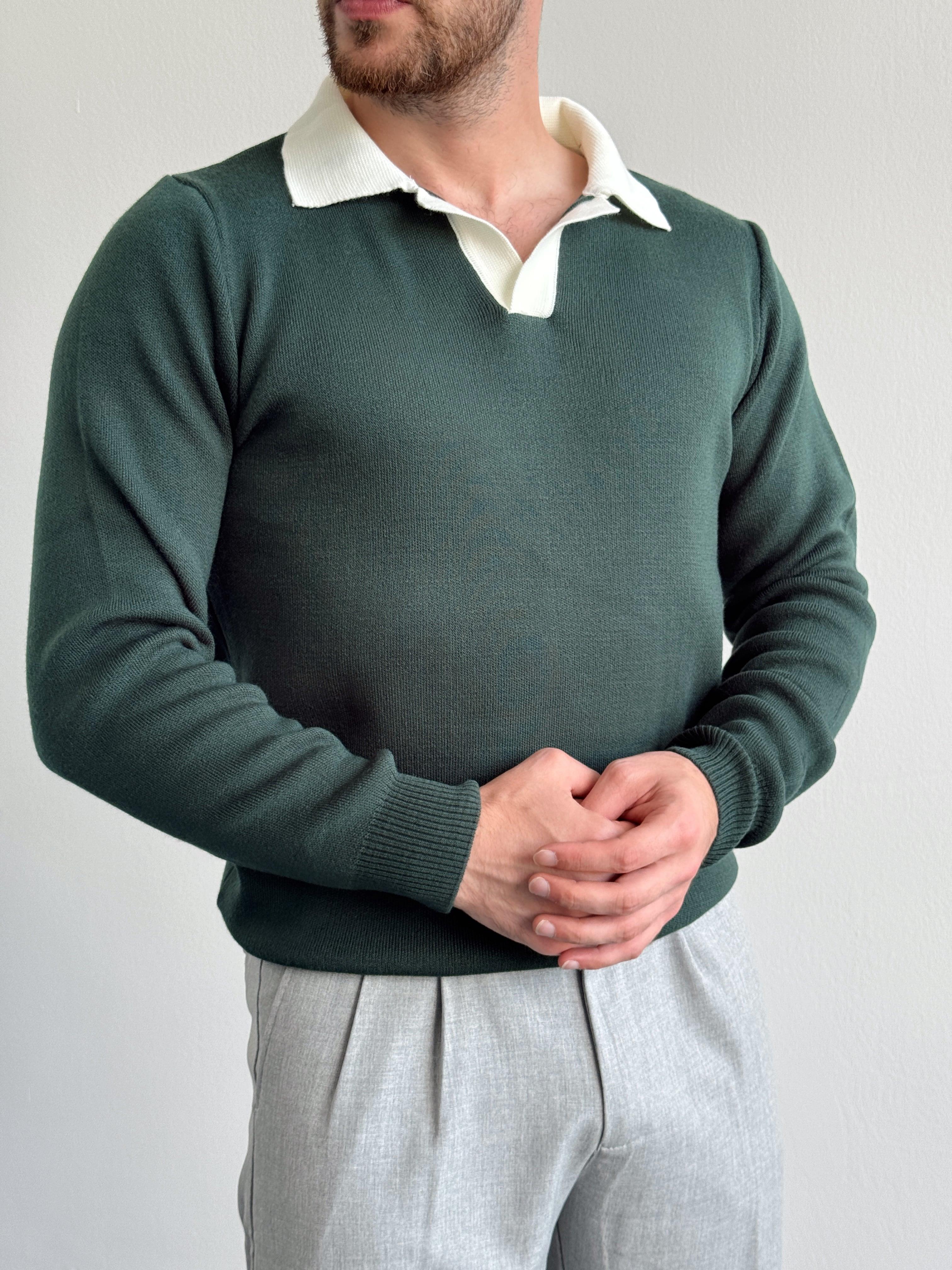 Erkek Oversize Düğmesiz Polo Yaka Triko Kazak-Yeşil(E1149)Ketench