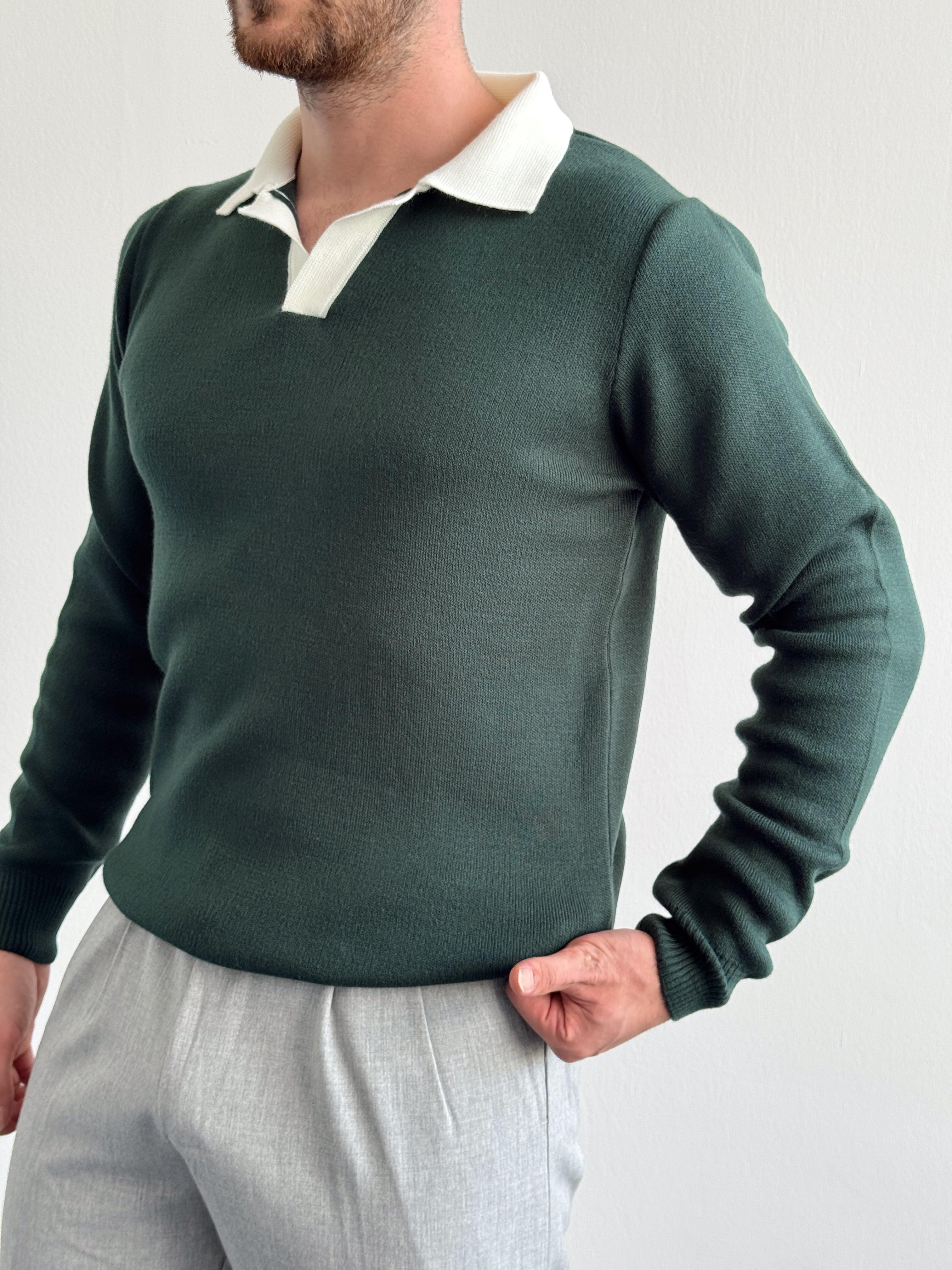 Erkek Oversize Düğmesiz Polo Yaka Triko Kazak-Yeşil(E1149)Ketench