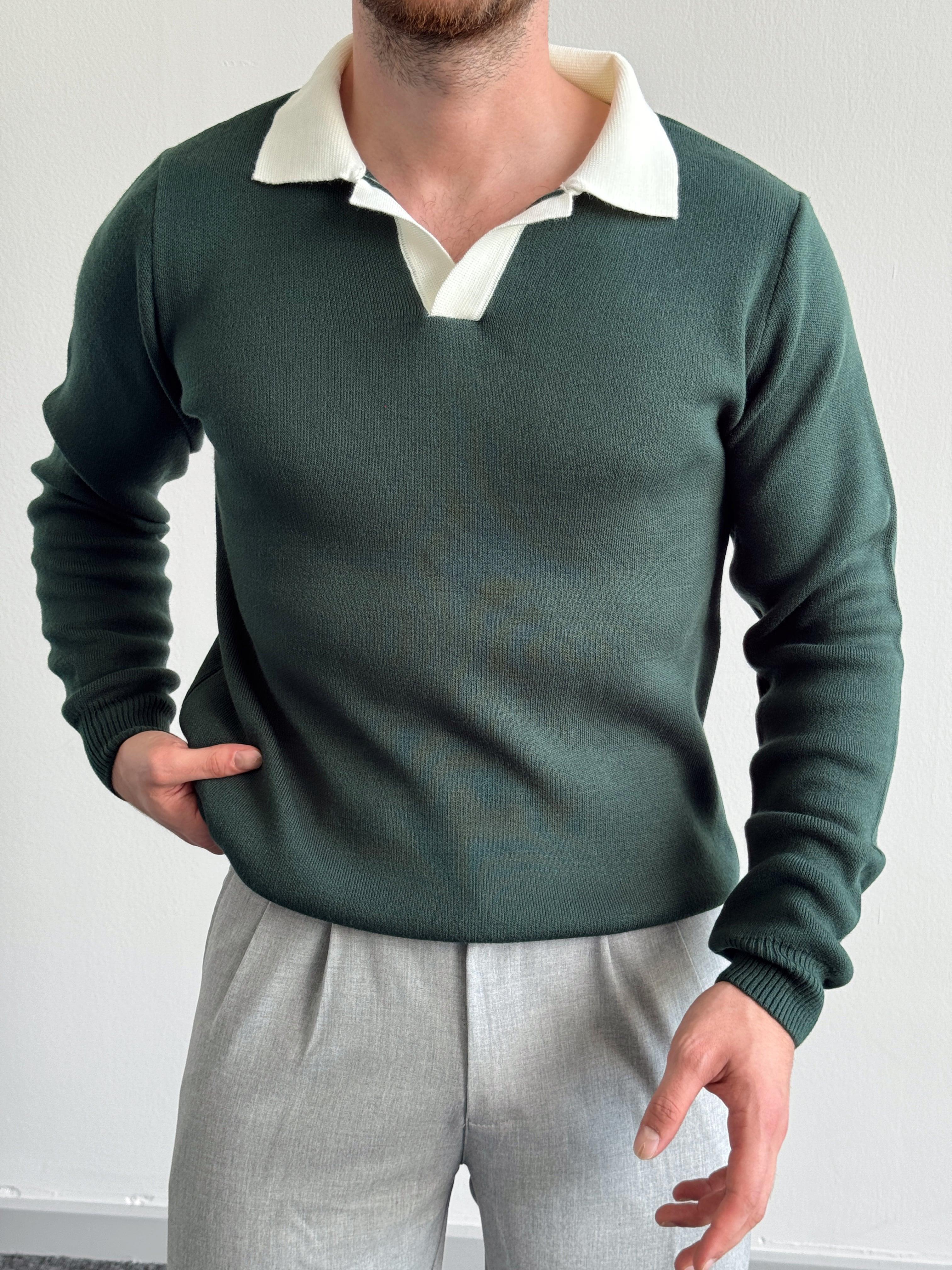 Erkek Oversize Düğmesiz Polo Yaka Triko Kazak-Yeşil(E1149)Ketench