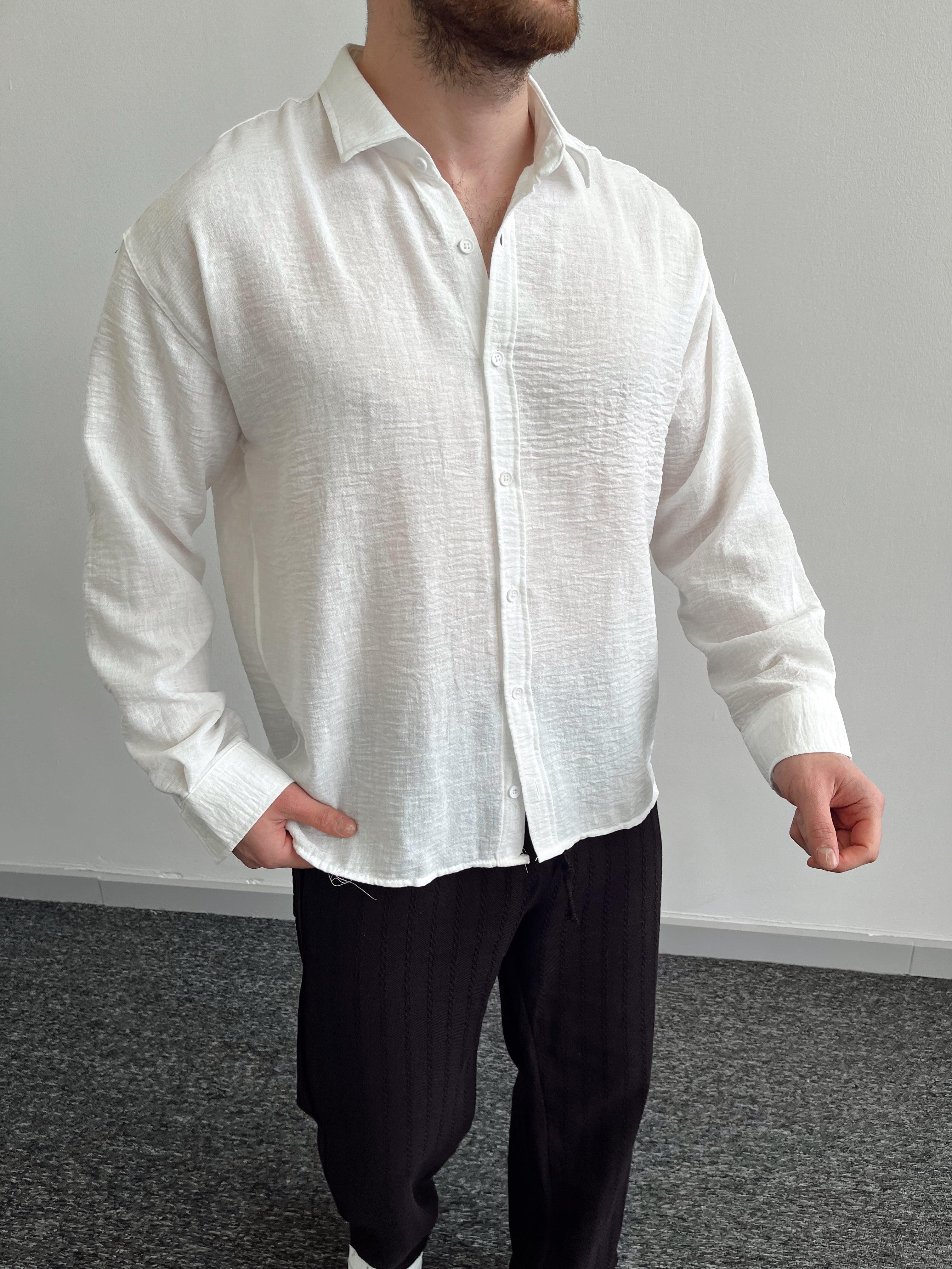 Erkek Oversize Elit Keten Gömlek-Beyaz(E1057)Ketench