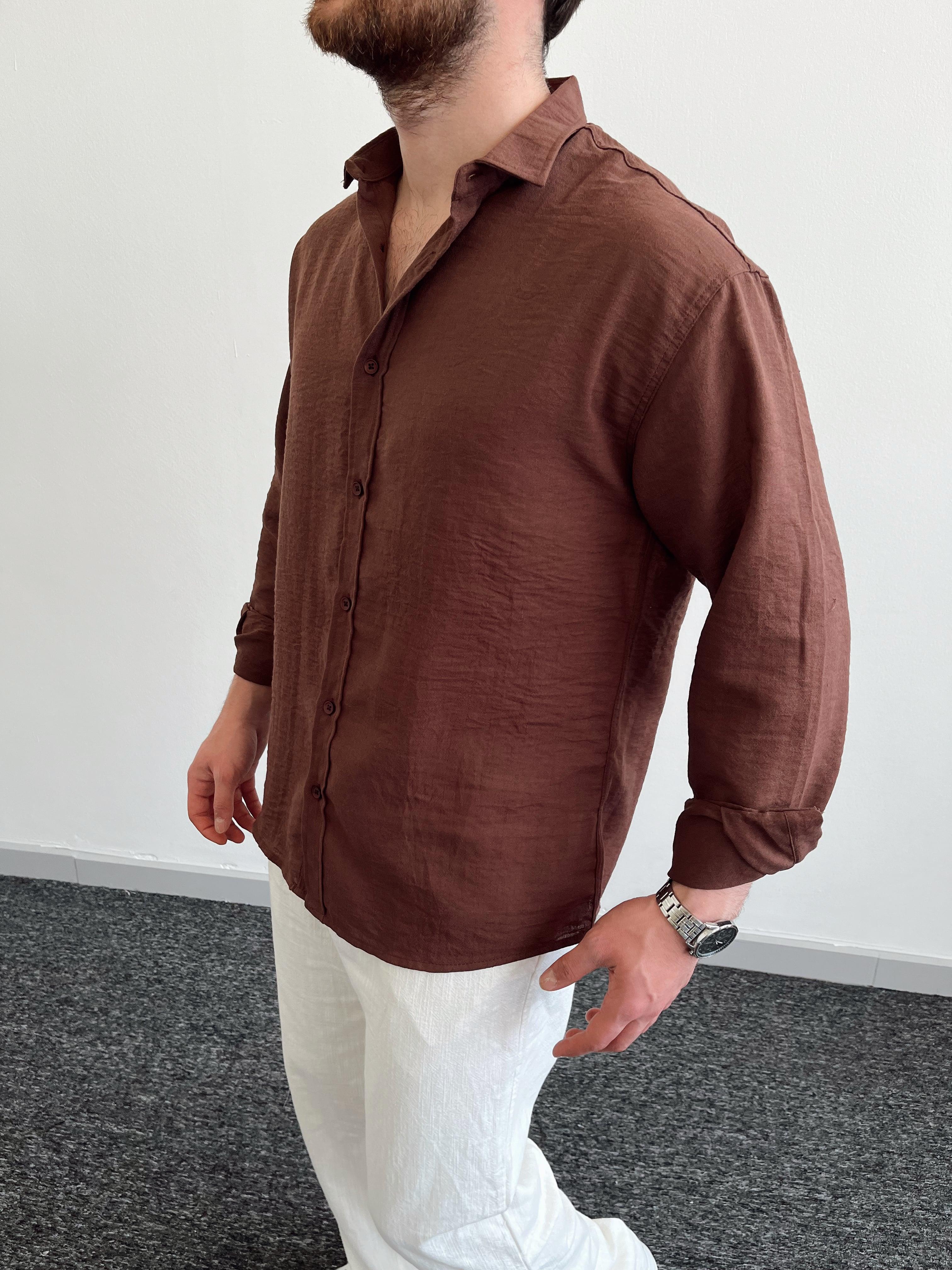 Erkek Oversize Elit Keten Gömlek-Kahverengi(E1057)Ketench