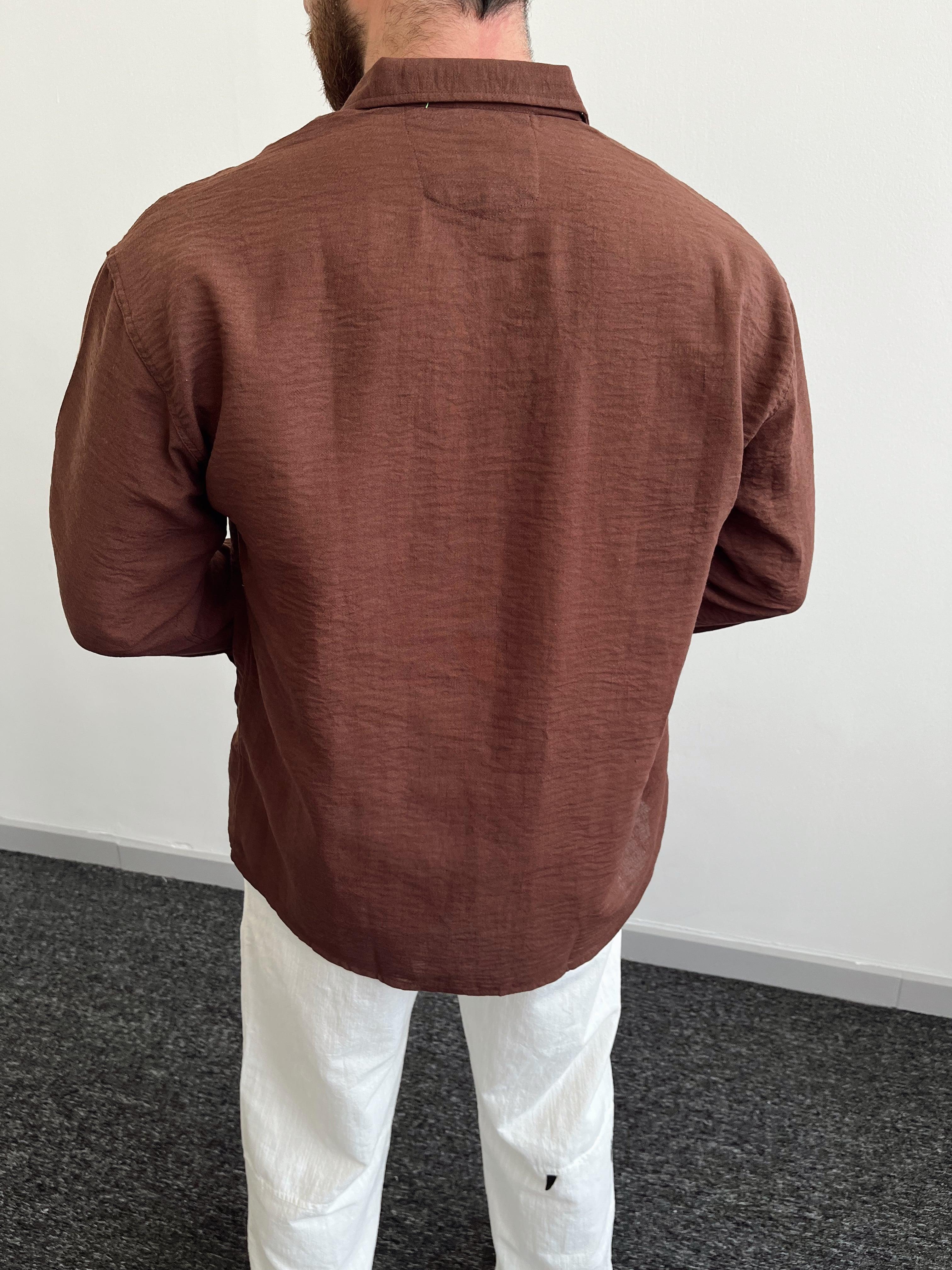 Erkek Oversize Elit Keten Gömlek-Kahverengi(E1057)Ketench