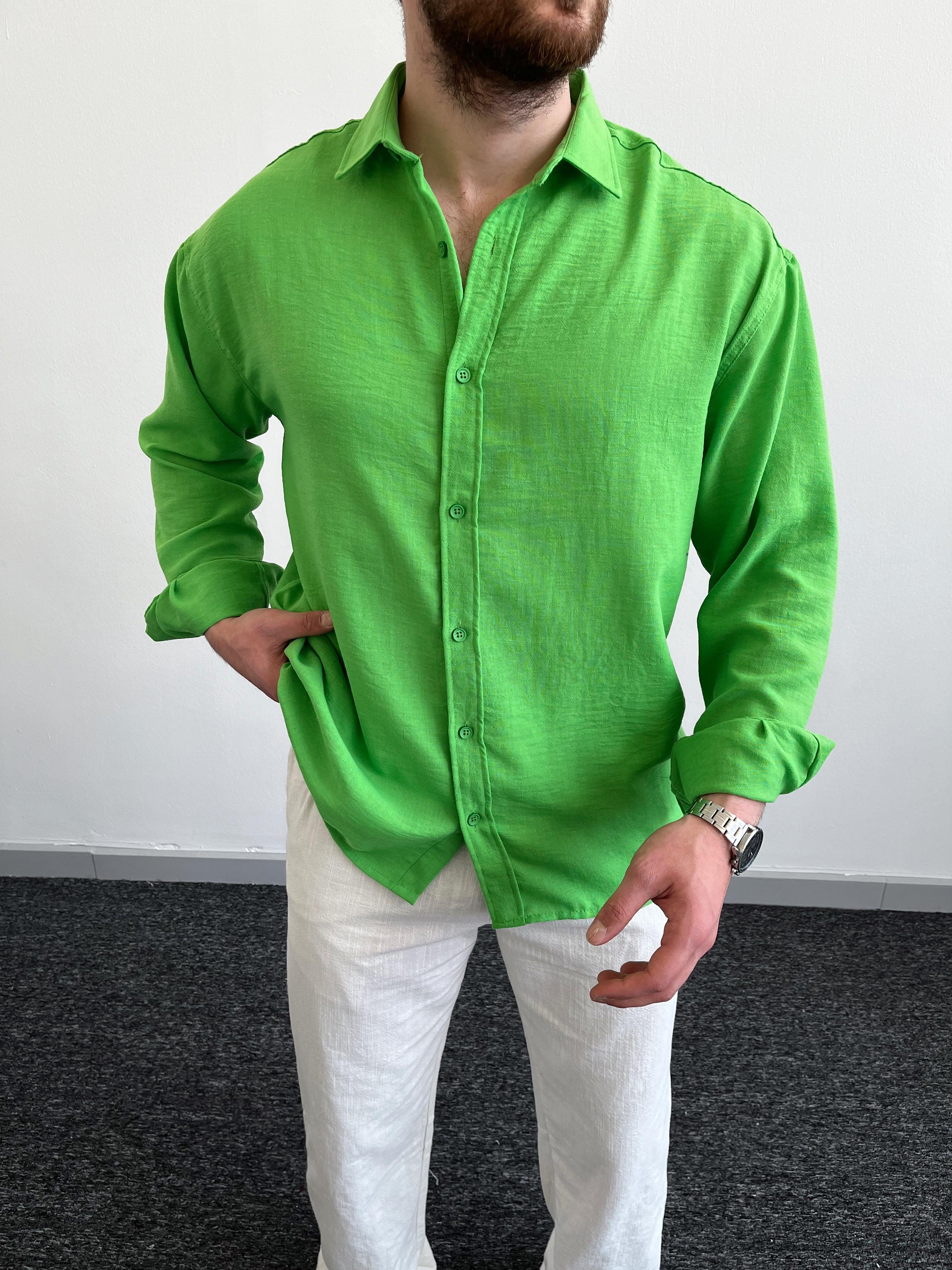Erkek Oversize Elit Keten Gömlek-Yeşil(E1057)Ketench