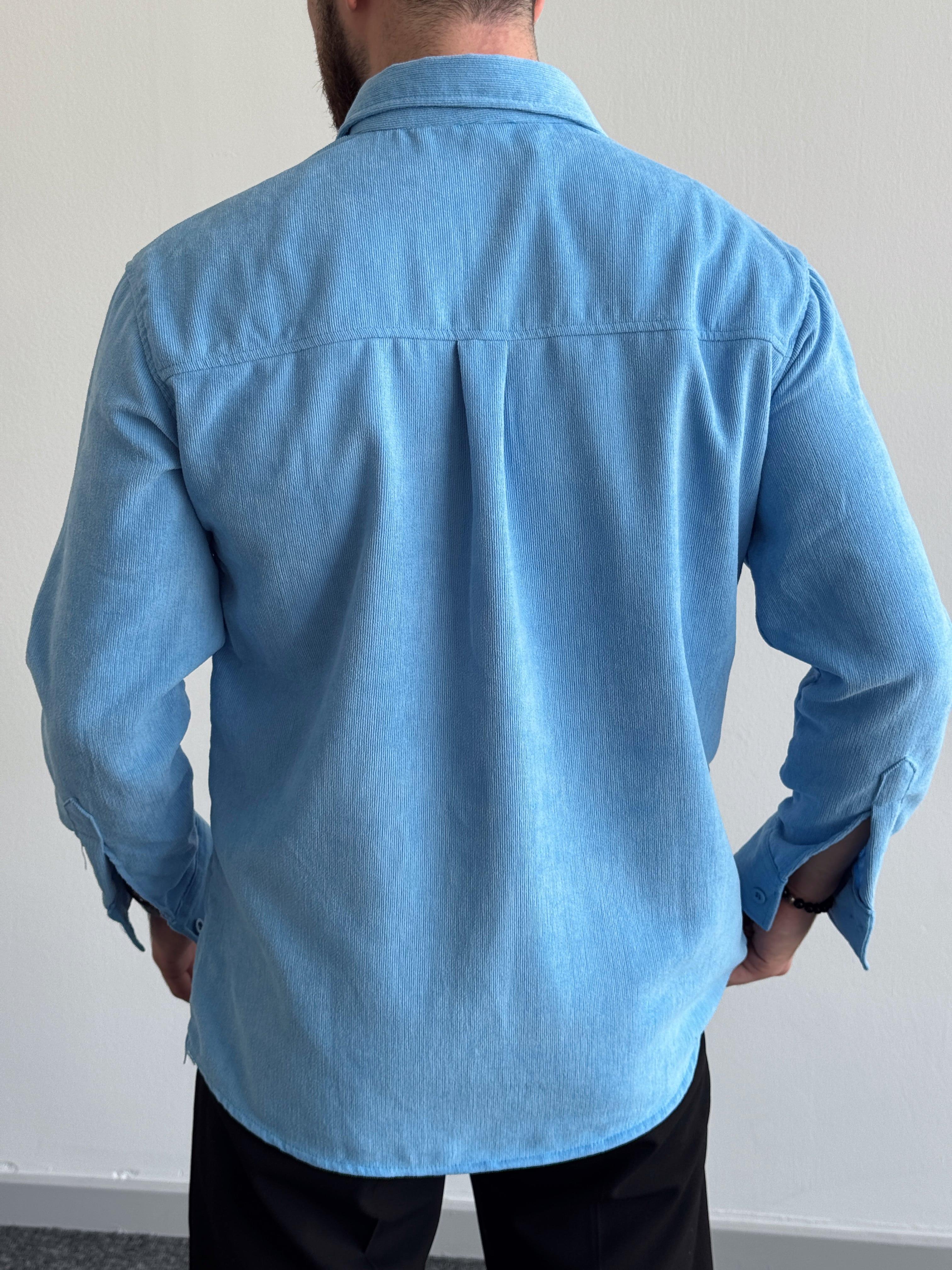 Erkek Oversize İnce Fitilli Cepsiz Kadife Gömlek-Mavi(E1163)Ketench