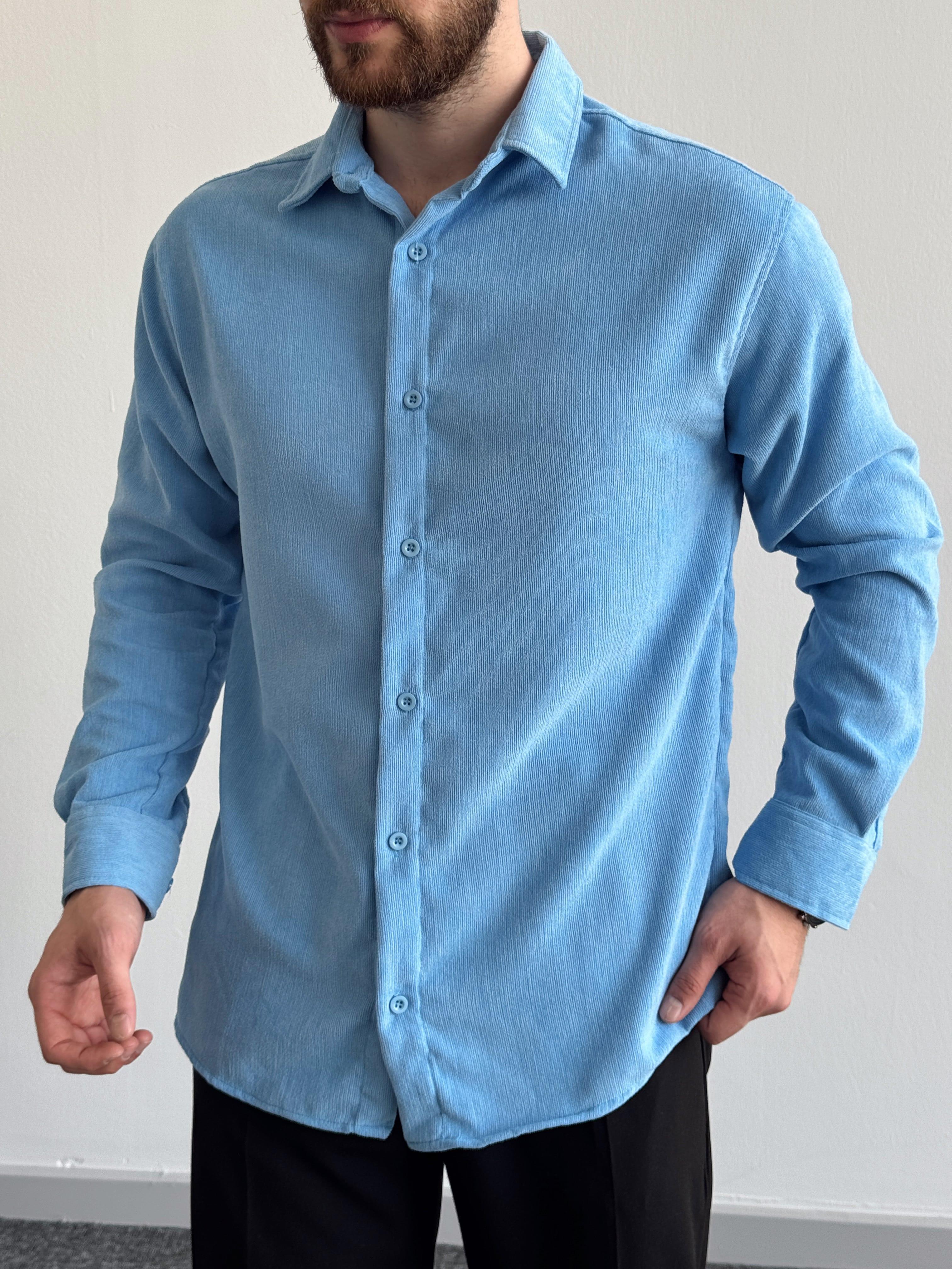 Erkek Oversize İnce Fitilli Cepsiz Kadife Gömlek-Mavi(E1163)Ketench