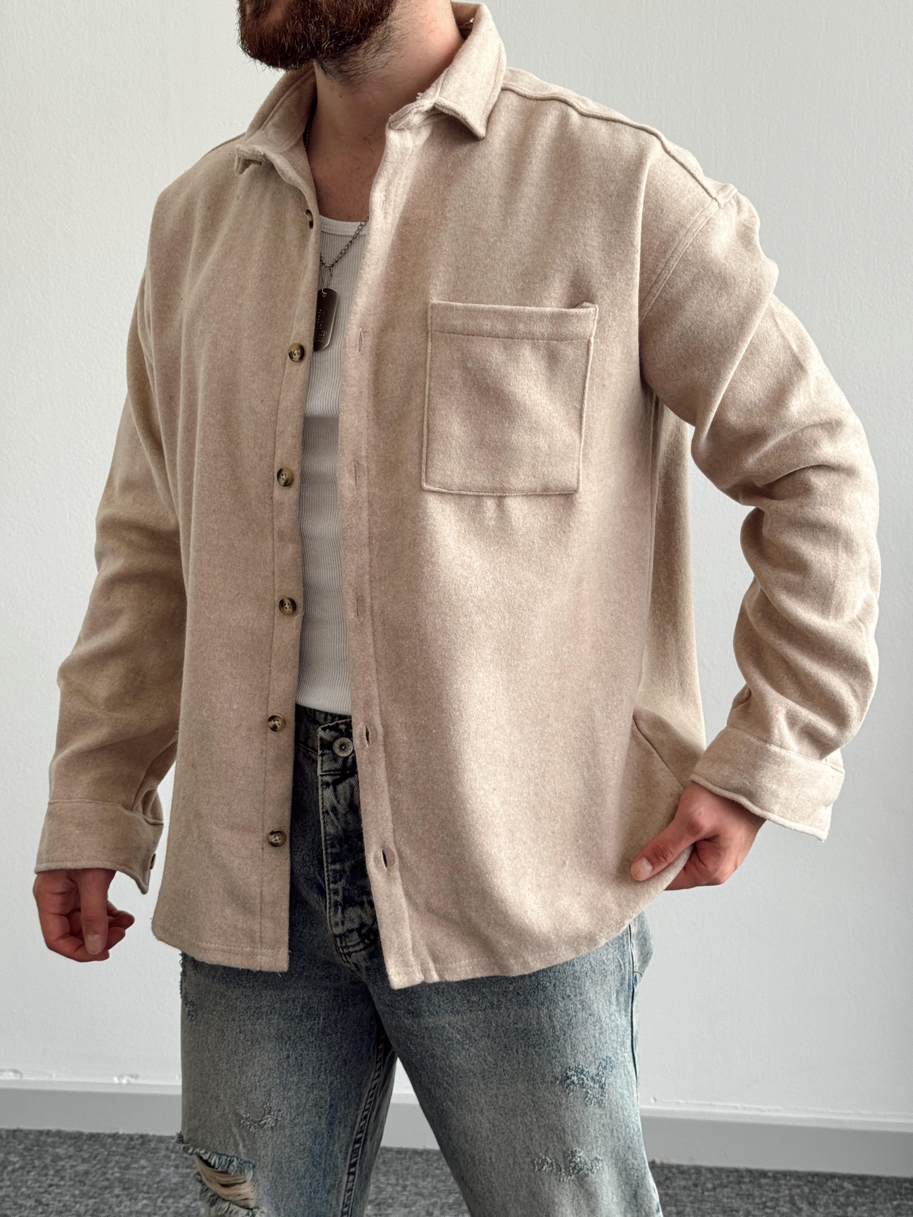Erkek Oversize Kışlık Kaşe Gömlek-Krem(E1121)Ketench